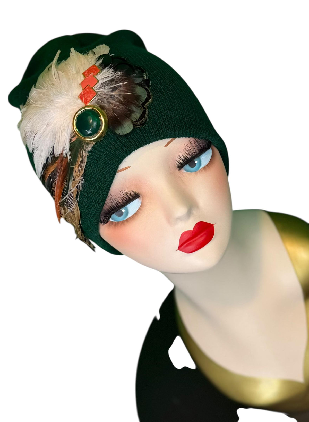 Emerald Orange - Walk by the Lake -Embellished Vintage Jeweled - Unique Fashionable Fancy Flapper Beanie