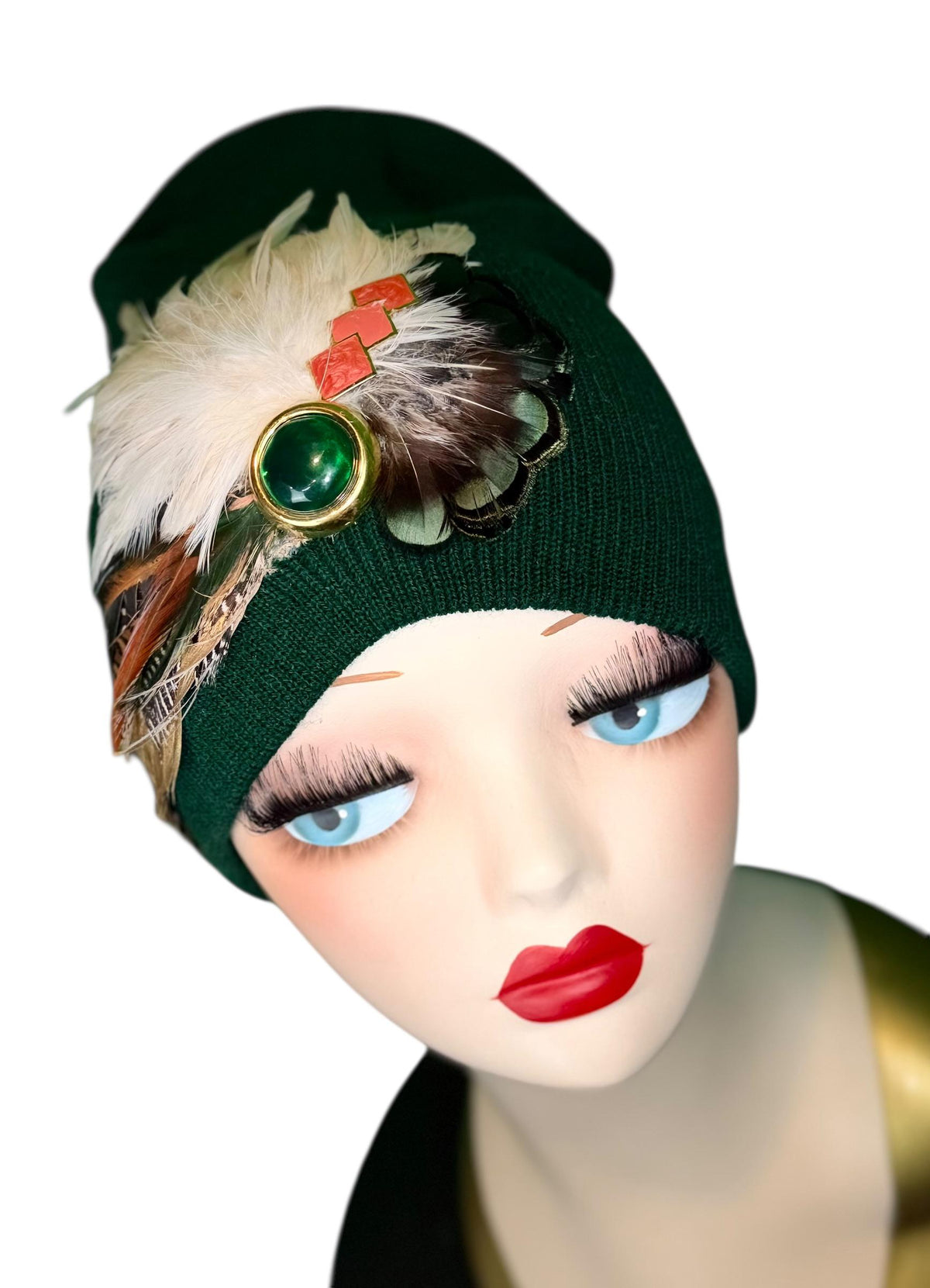 Emerald Orange - Walk by the Lake -Embellished Vintage Jeweled - Unique Fashionable Fancy Flapper Beanie