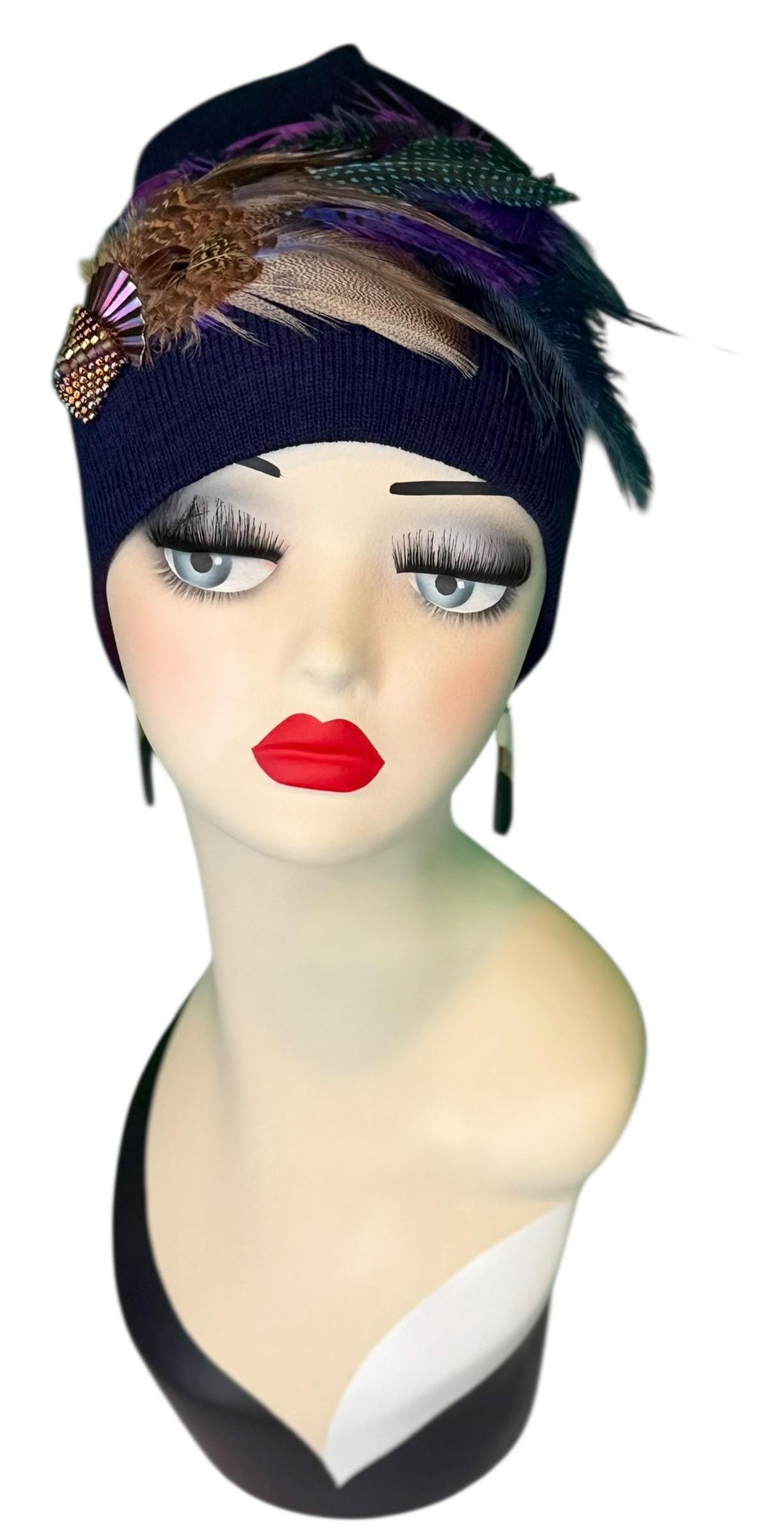 Midnight Haze Fashionable Statement Flapper Feather & Jeweled Vintage Embellished Hat