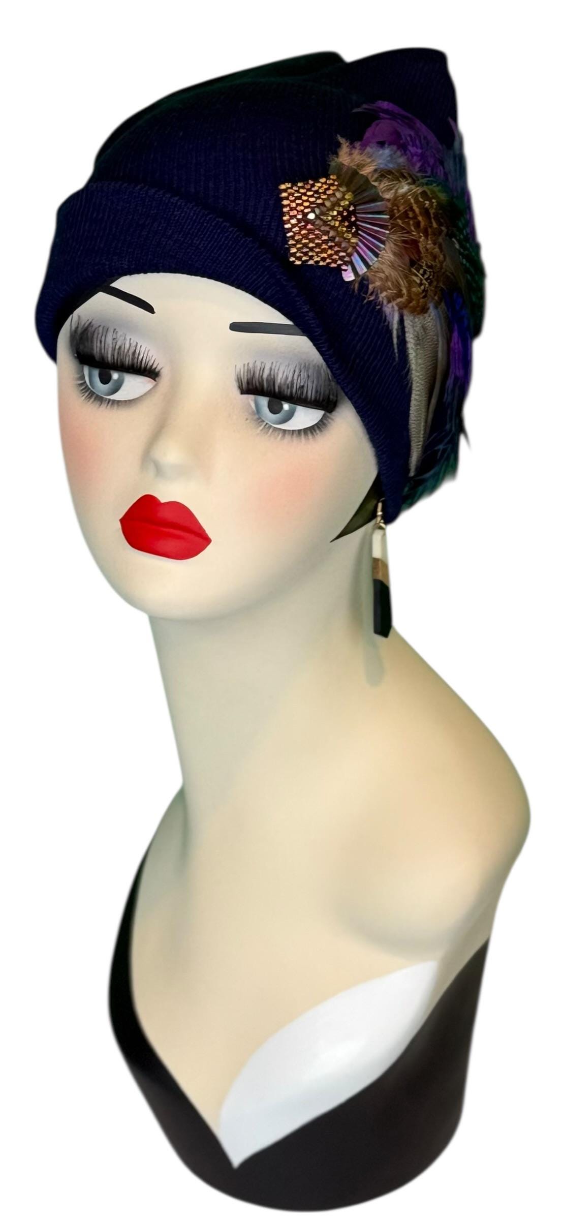 Midnight Haze Fashionable Statement Flapper Feather & Jeweled Vintage Embellished Hat