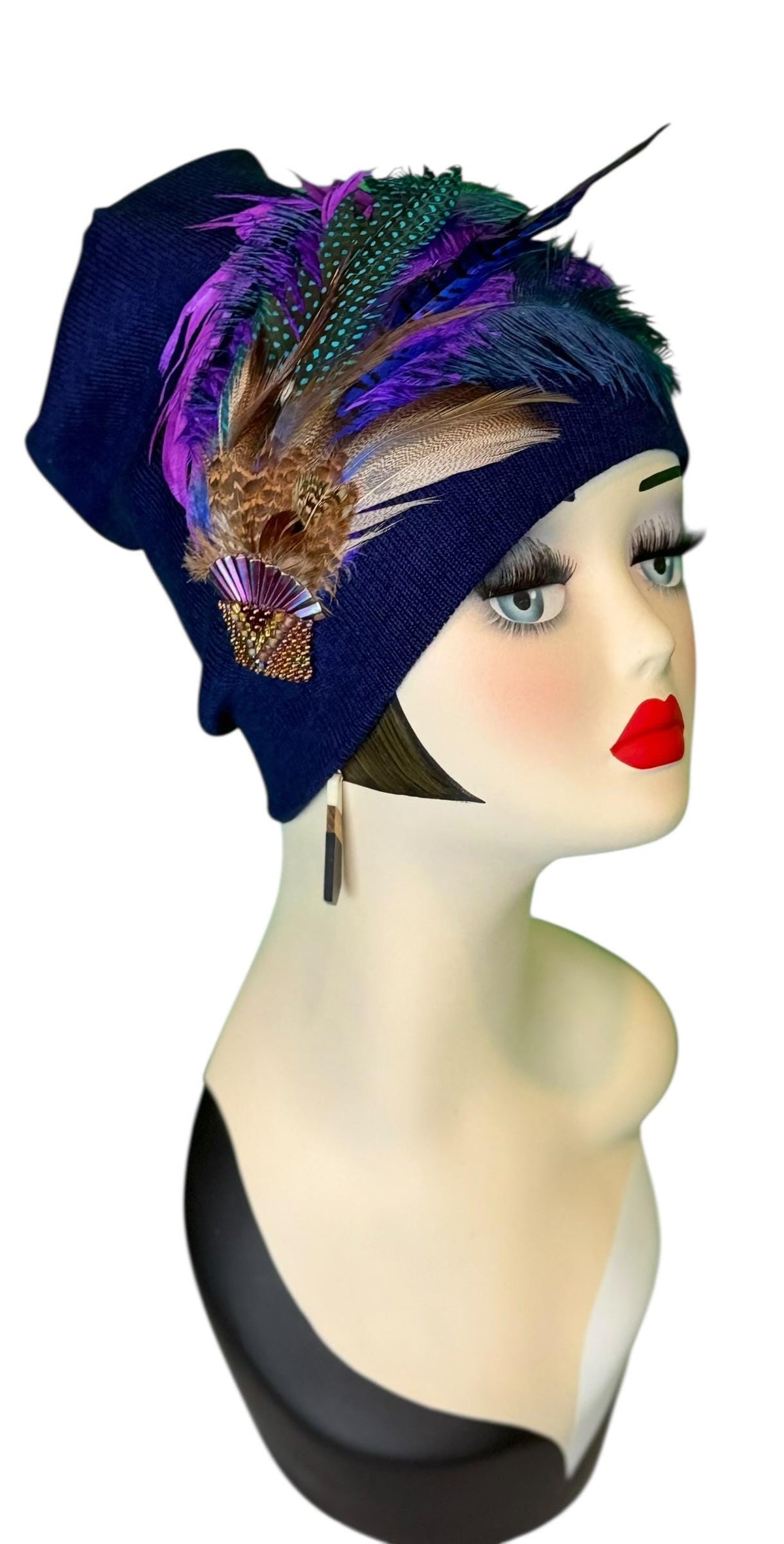 Midnight Haze Fashionable Statement Flapper Feather & Jeweled Vintage Embellished Hat