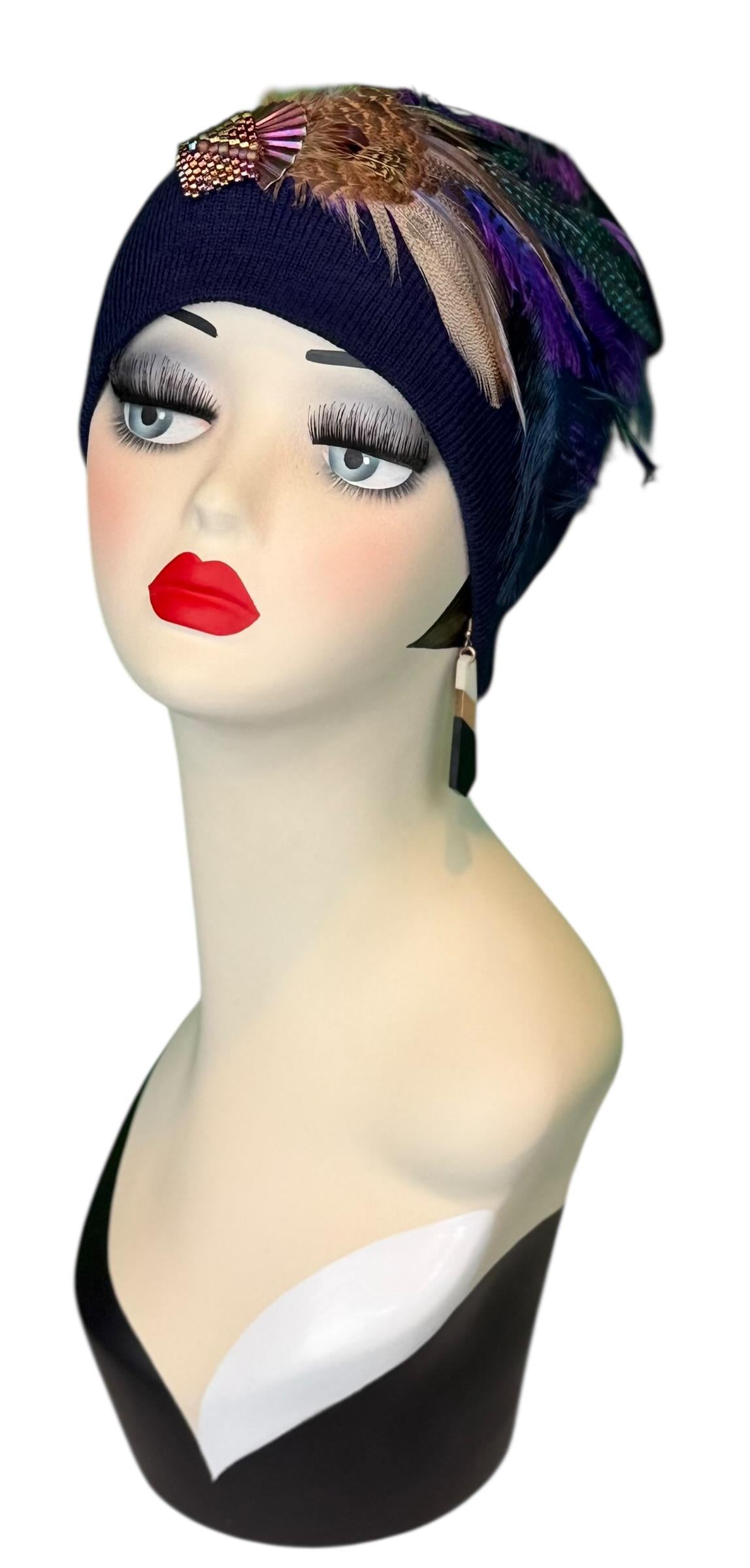 Midnight Haze Fashionable Statement Flapper Feather & Jeweled Vintage Embellished Hat