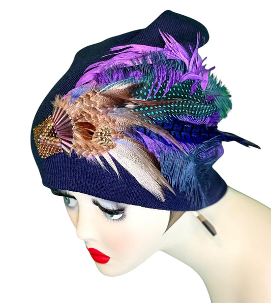 Midnight Haze Fashionable Statement Flapper Feather & Jeweled Vintage Embellished Hat