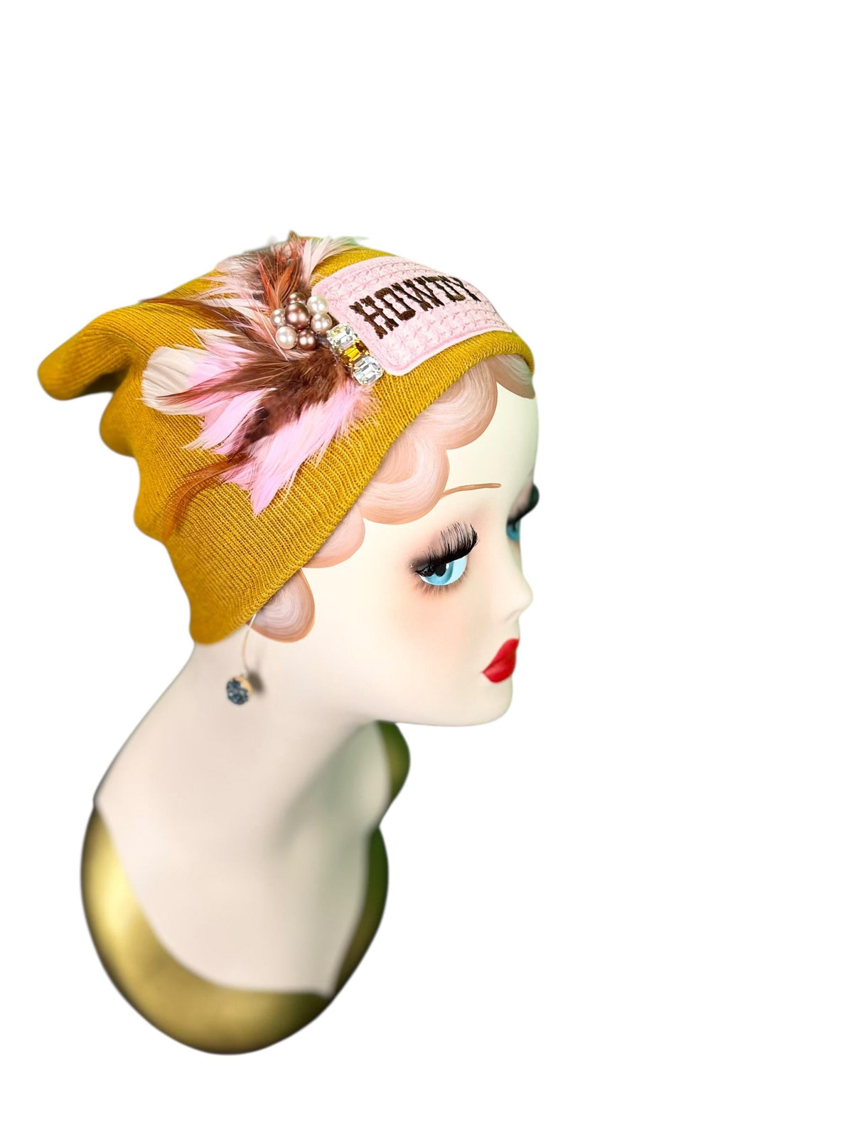 HOWDY Cowgirl | Patchwork Feathered & Vintage Jeweled Designer Beanie