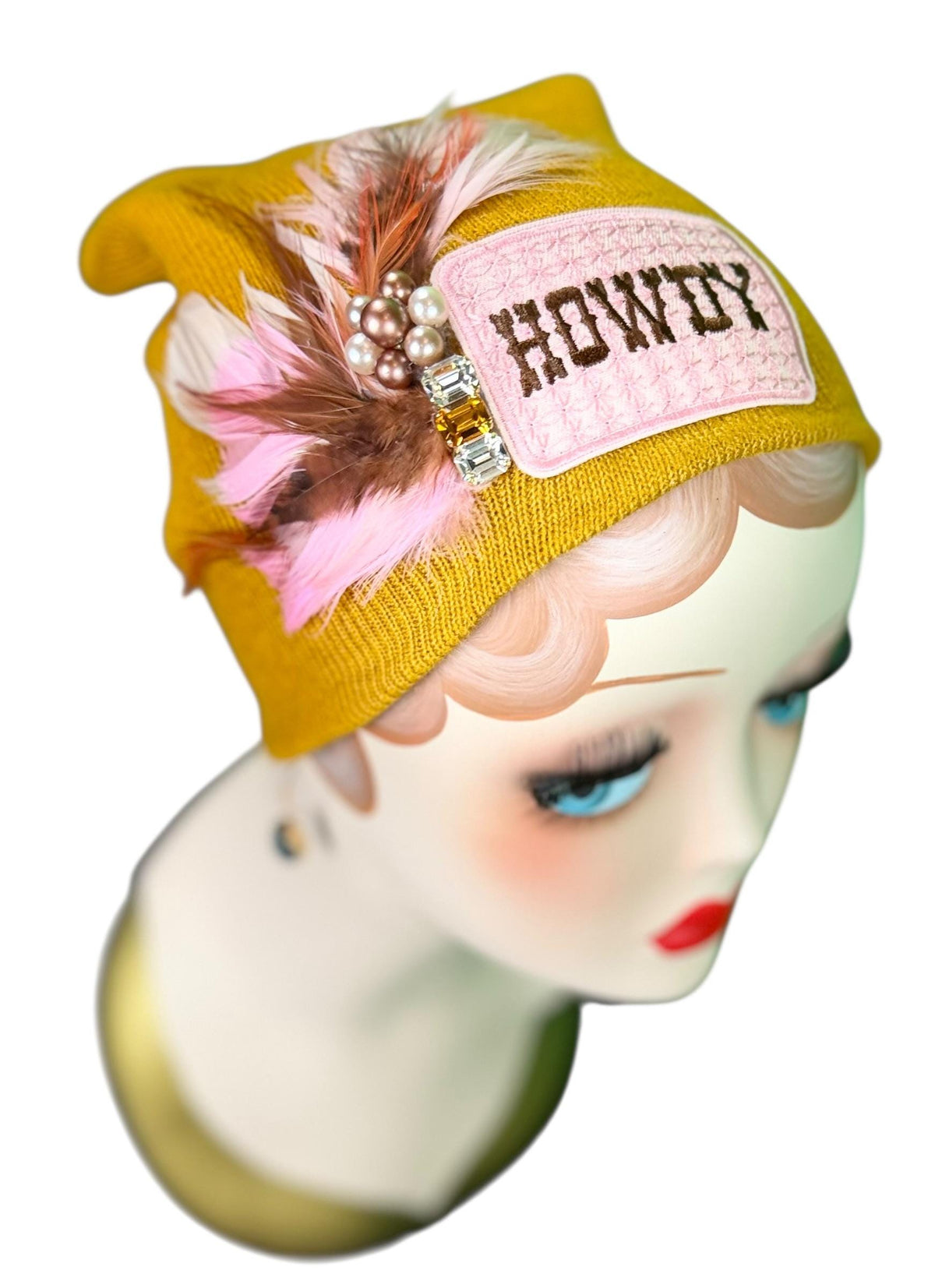 HOWDY Cowgirl | Patchwork Feathered & Vintage Jeweled Designer Beanie