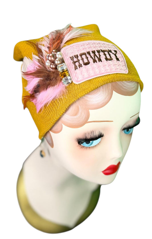 HOWDY Cowgirl | Patchwork Feathered & Vintage Jeweled Designer Beanie