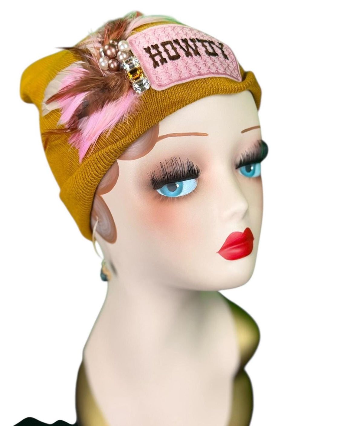 HOWDY Cowgirl | Patchwork Feathered & Vintage Jeweled Designer Beanie