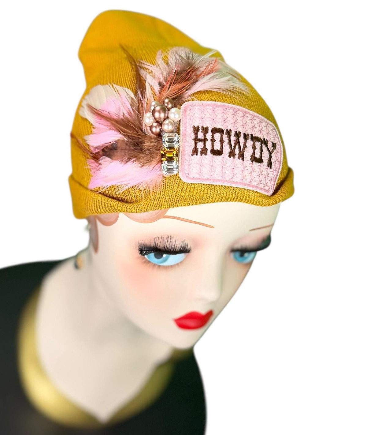 HOWDY Cowgirl | Patchwork Feathered & Vintage Jeweled Designer Beanie