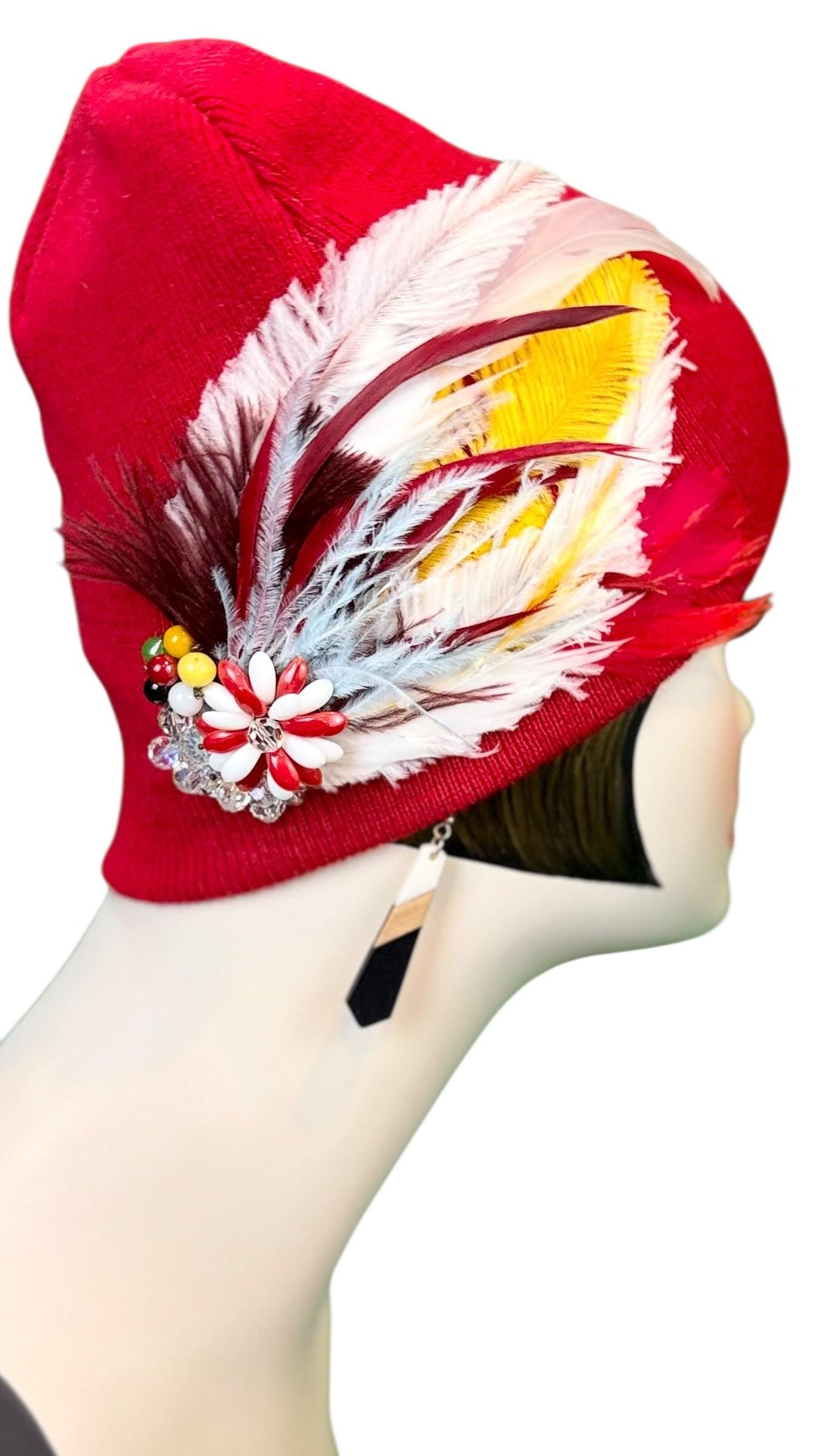 Fiery Red Candy Fancy Feathered & Jeweled Vintage Embellished Flapper Winter Hat