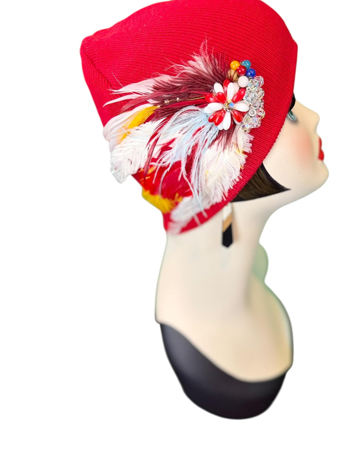 Fiery Red Candy Fancy Feathered & Jeweled Vintage Embellished Flapper Winter Hat