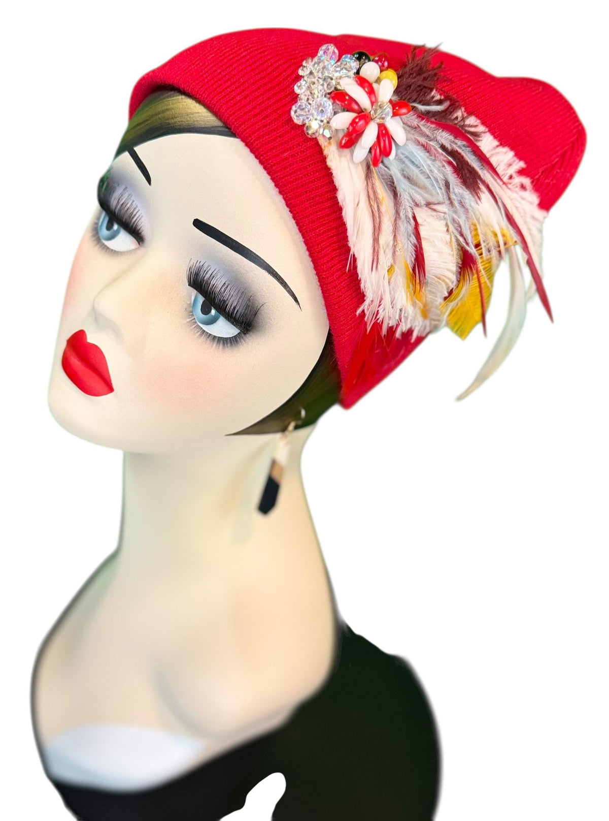 Fiery Red Candy Fancy Feathered & Jeweled Vintage Embellished Flapper Winter Hat
