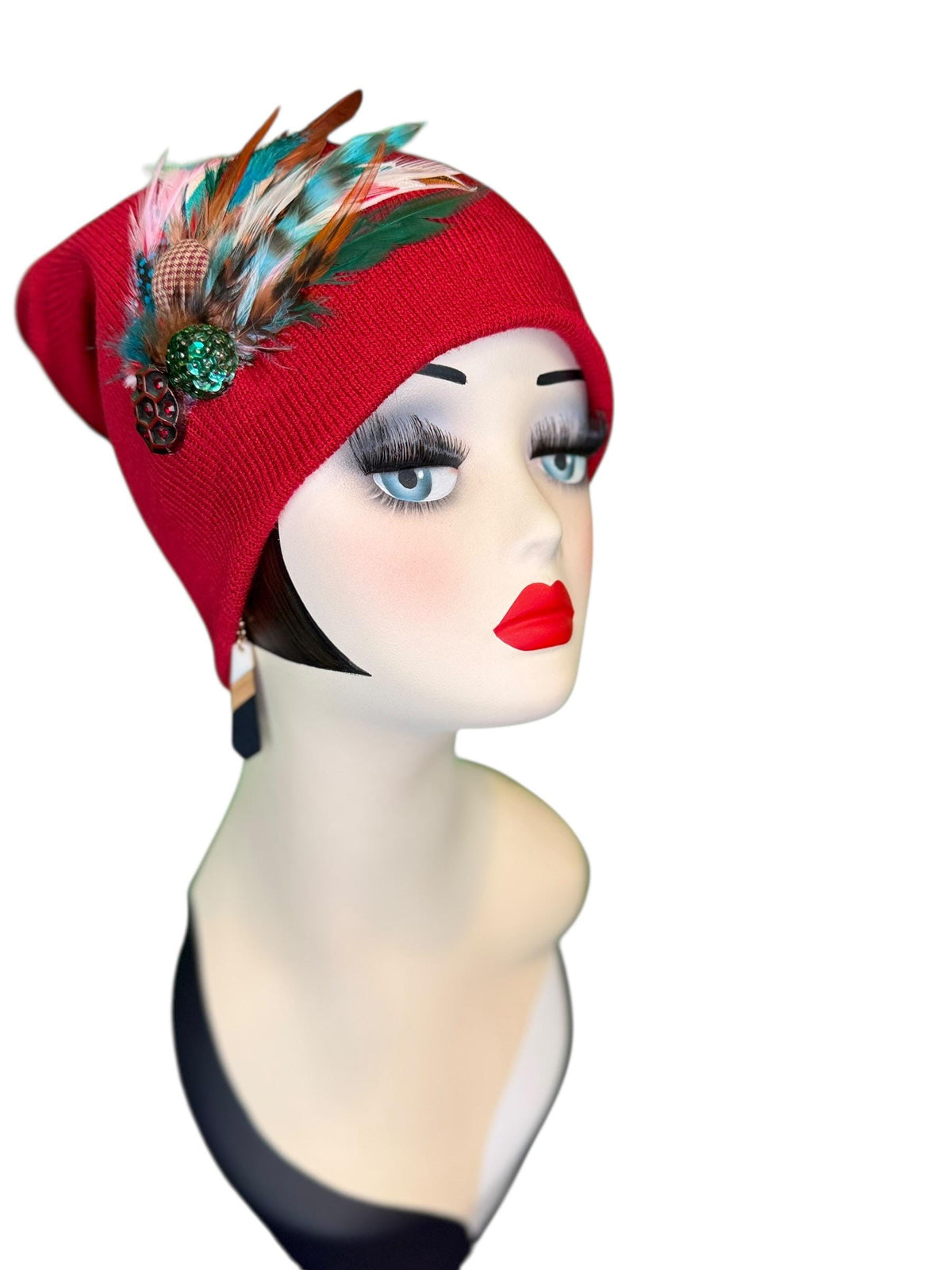 Red Dragon Feather Statement Patchwork Flapper - Embellished Vintage Jeweled & Feathered All Season Wearables