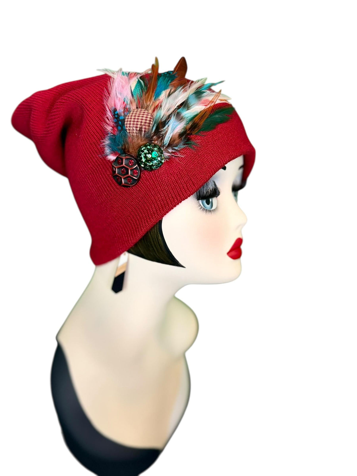 Red Dragon Feather Statement Patchwork Flapper - Embellished Vintage Jeweled & Feathered All Season Wearables