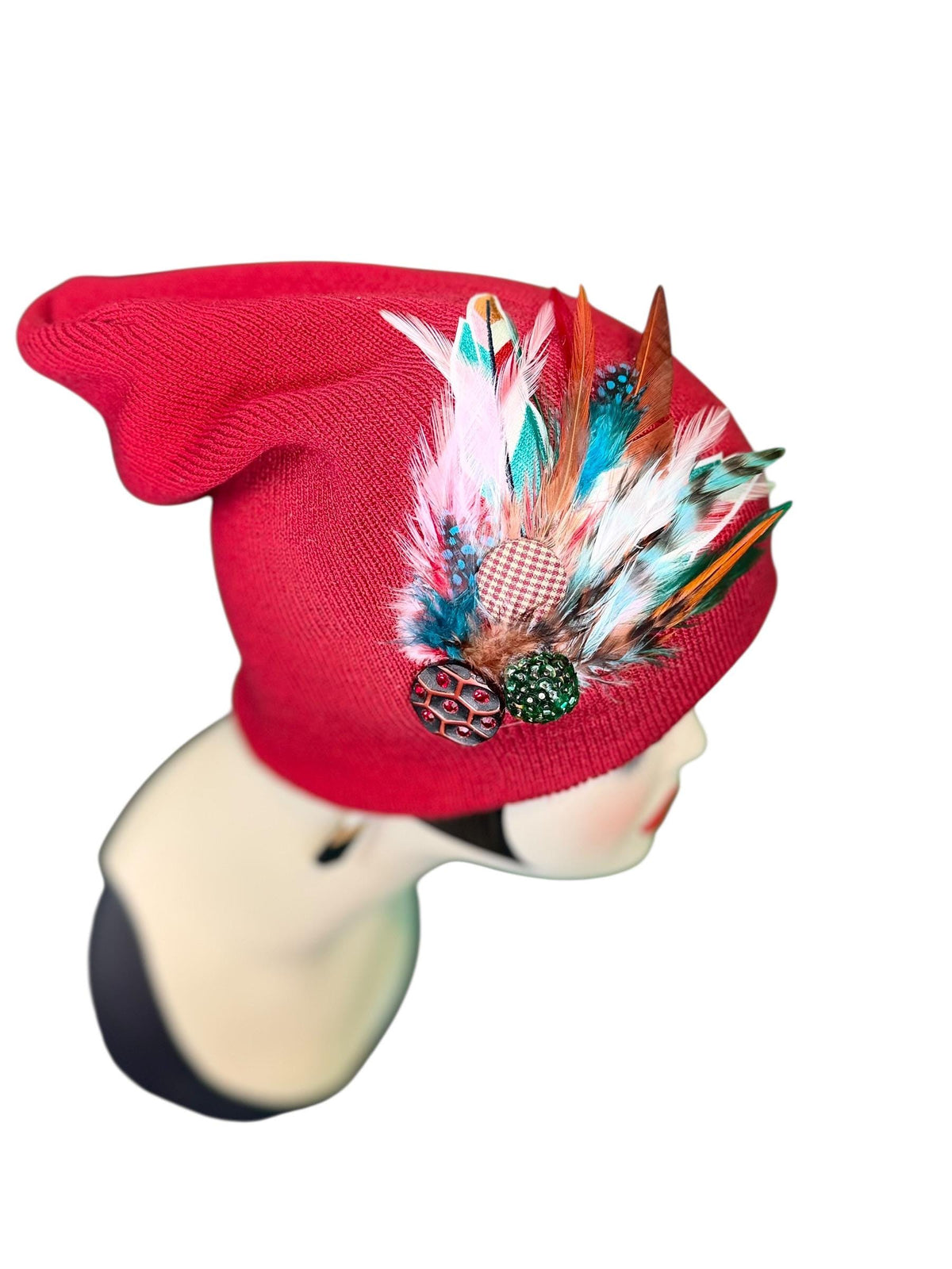 Red Dragon Feather Statement Patchwork Flapper - Embellished Vintage Jeweled & Feathered All Season Wearables