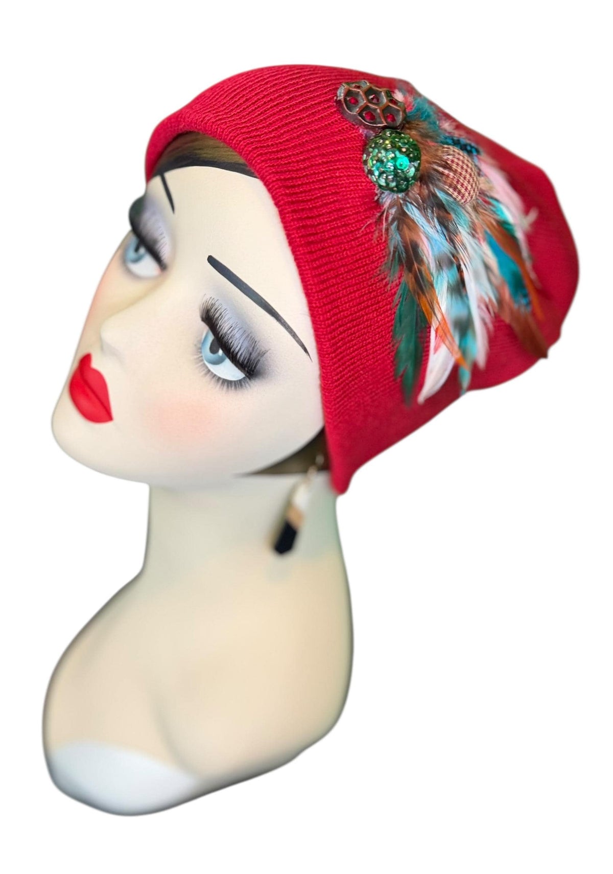 Red Dragon Feather Statement Patchwork Flapper - Embellished Vintage Jeweled & Feathered All Season Wearables