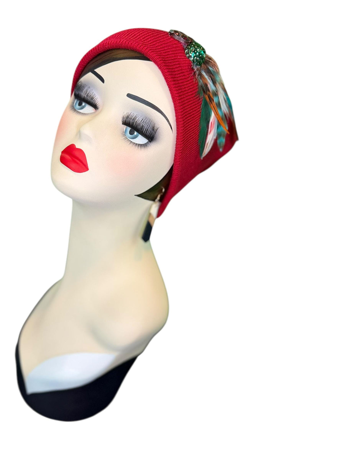 Red Dragon Feather Statement Patchwork Flapper - Embellished Vintage Jeweled & Feathered All Season Wearables
