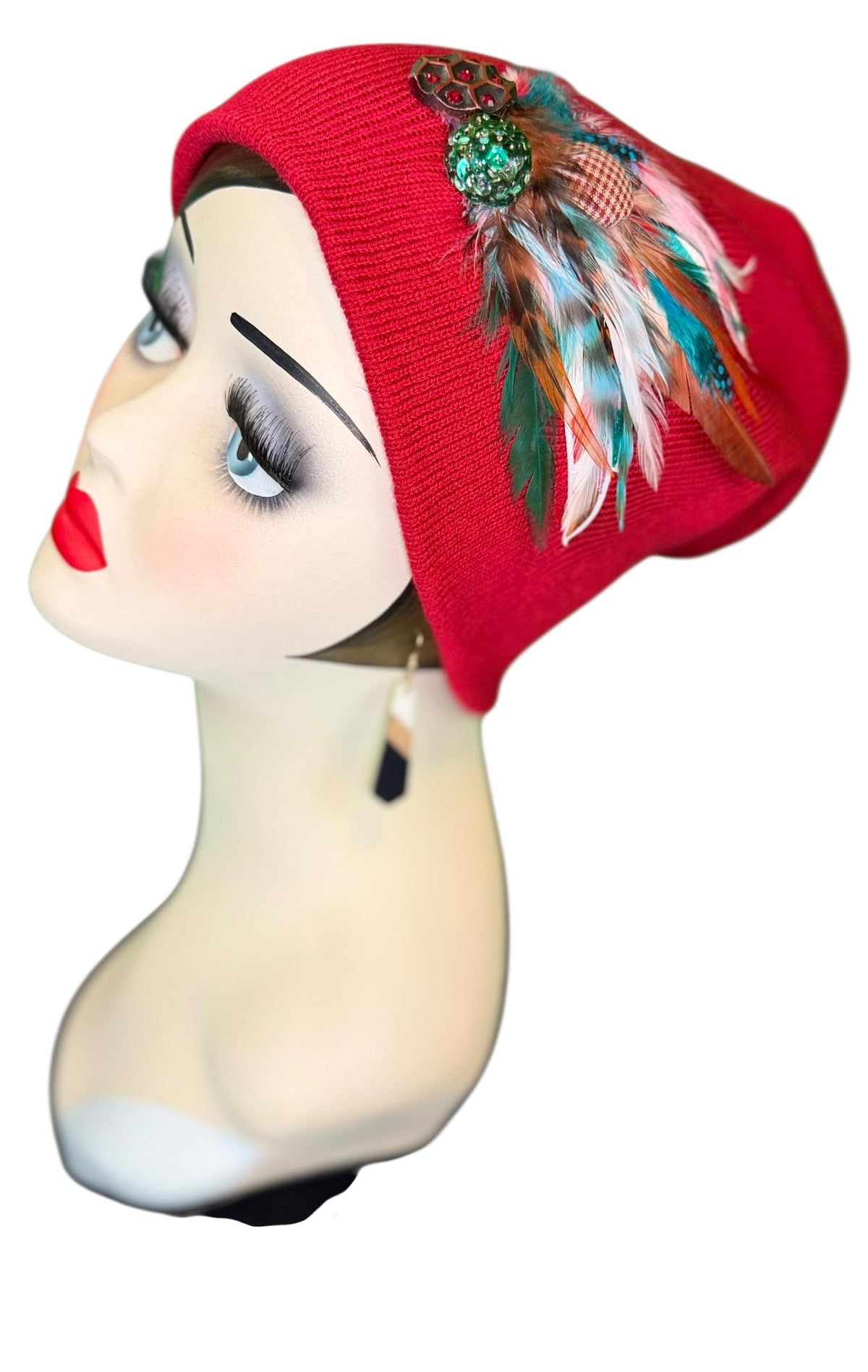 Red Dragon Feather Statement Patchwork Flapper - Embellished Vintage Jeweled & Feathered All Season Wearables