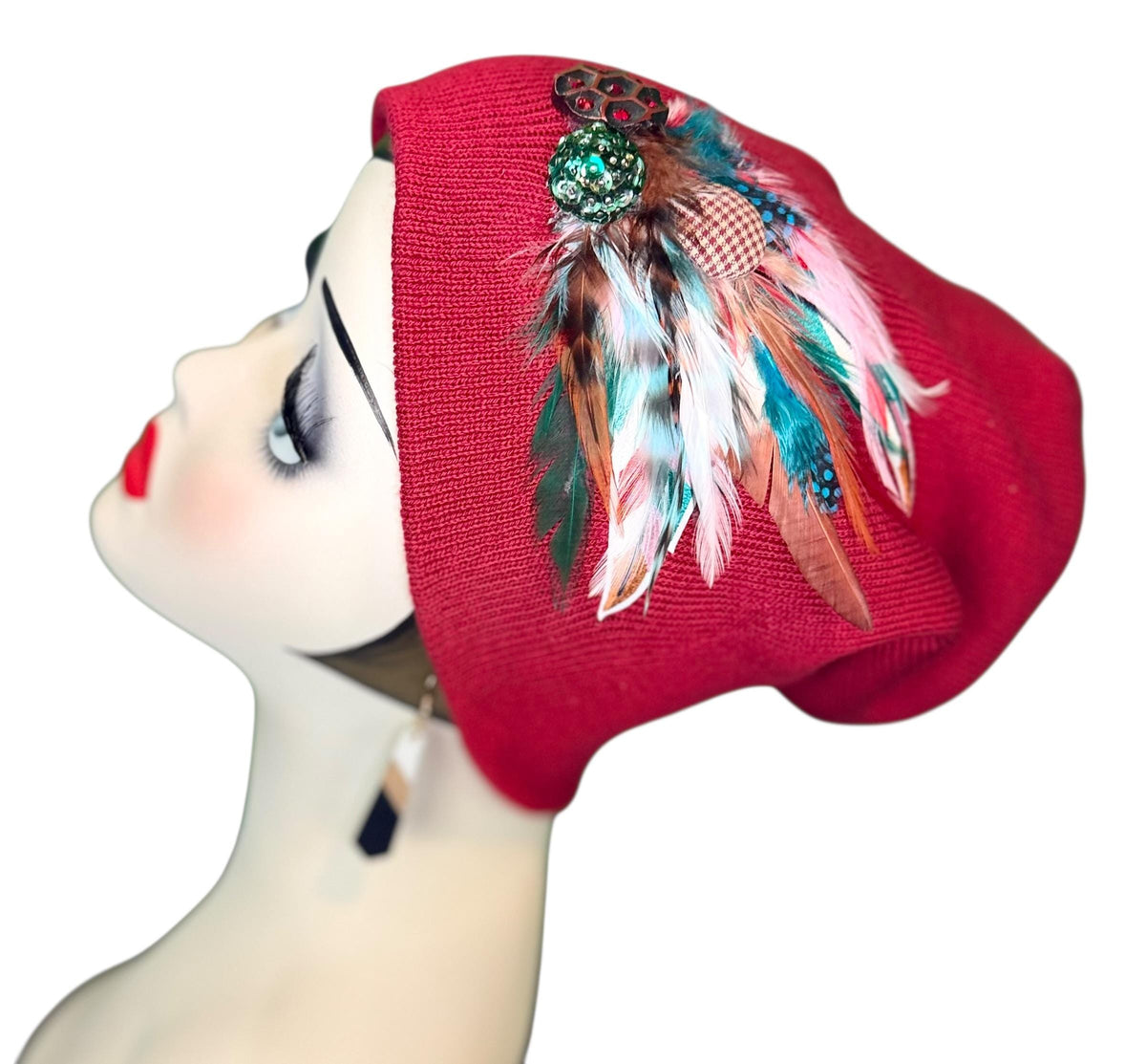 Red Dragon Feather Statement Patchwork Flapper - Embellished Vintage Jeweled & Feathered All Season Wearables