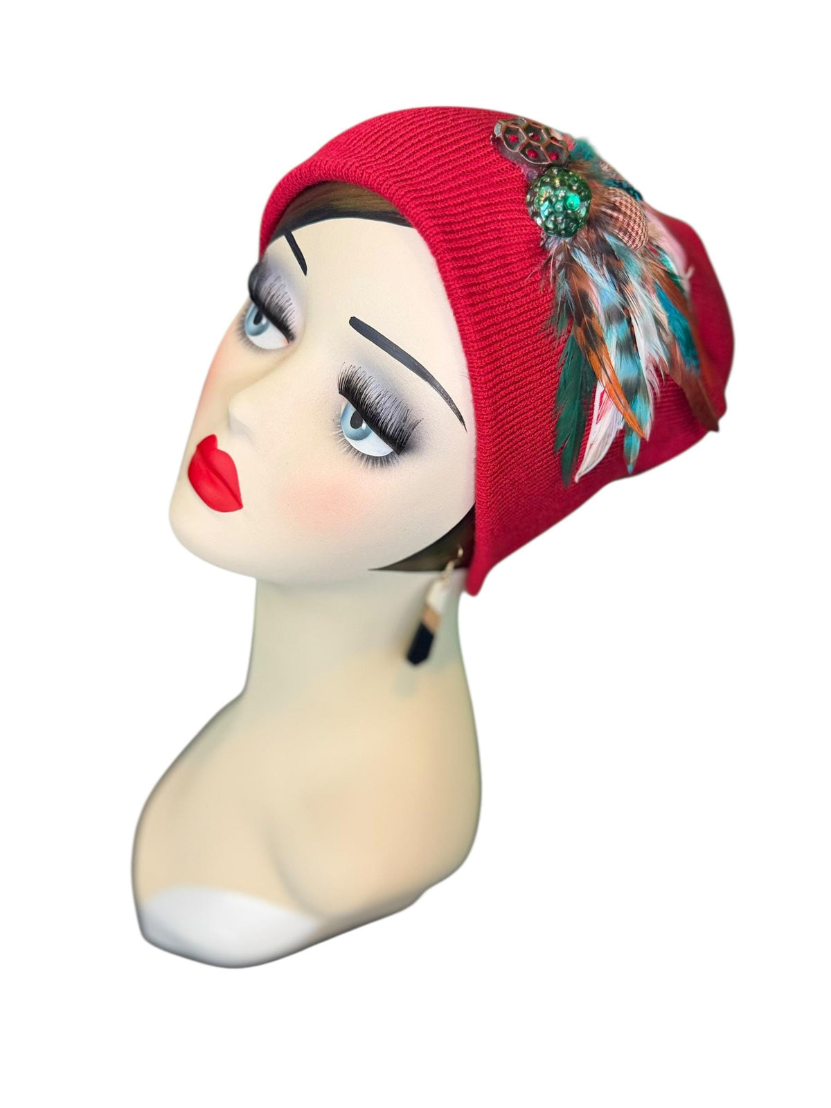 Red Dragon Feather Statement Patchwork Flapper - Embellished Vintage Jeweled & Feathered All Season Wearables