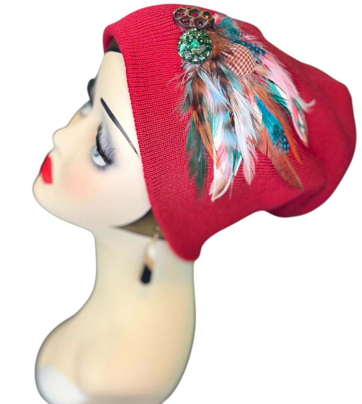 Red Dragon Feather Statement Patchwork Flapper - Embellished Vintage Jeweled & Feathered All Season Wearables