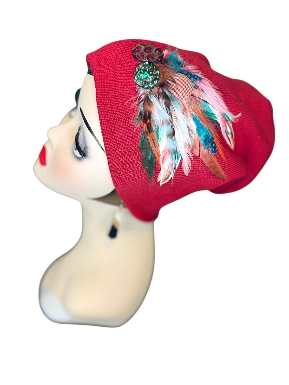 Red Dragon Feather Statement Patchwork Flapper - Embellished Vintage Jeweled & Feathered All Season Wearables