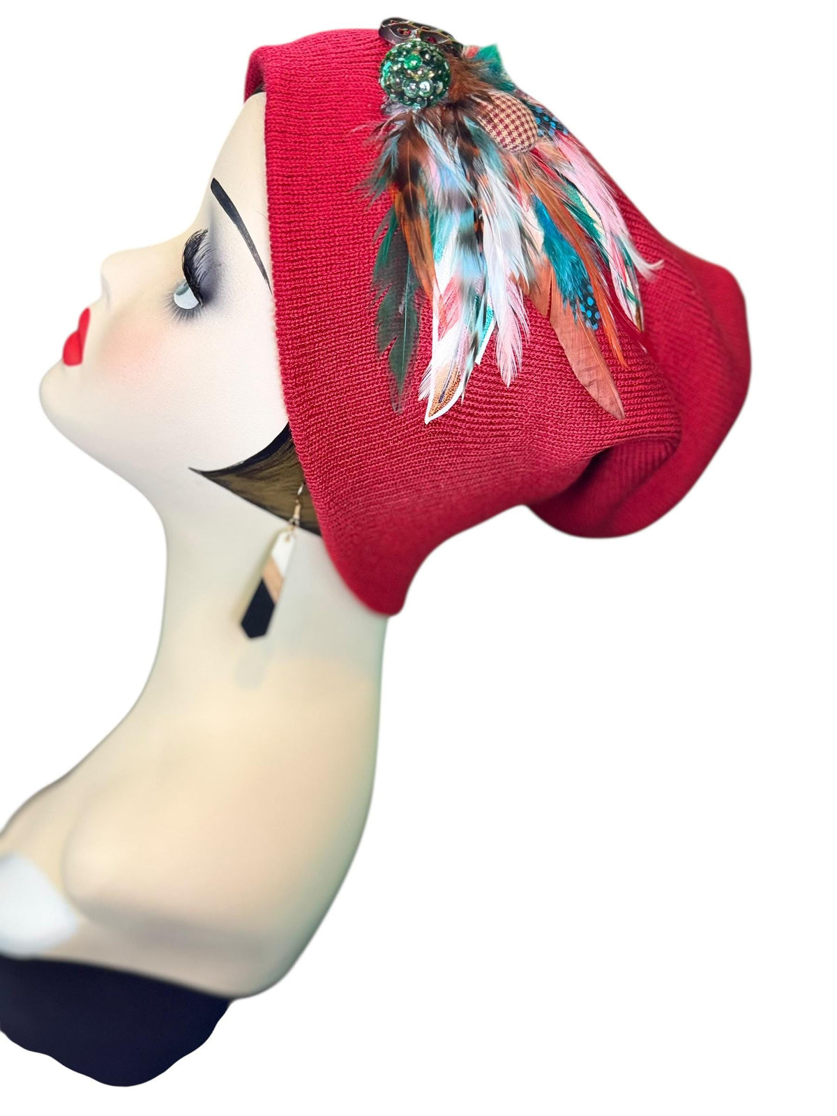 Red Dragon Feather Statement Patchwork Flapper - Embellished Vintage Jeweled & Feathered All Season Wearables