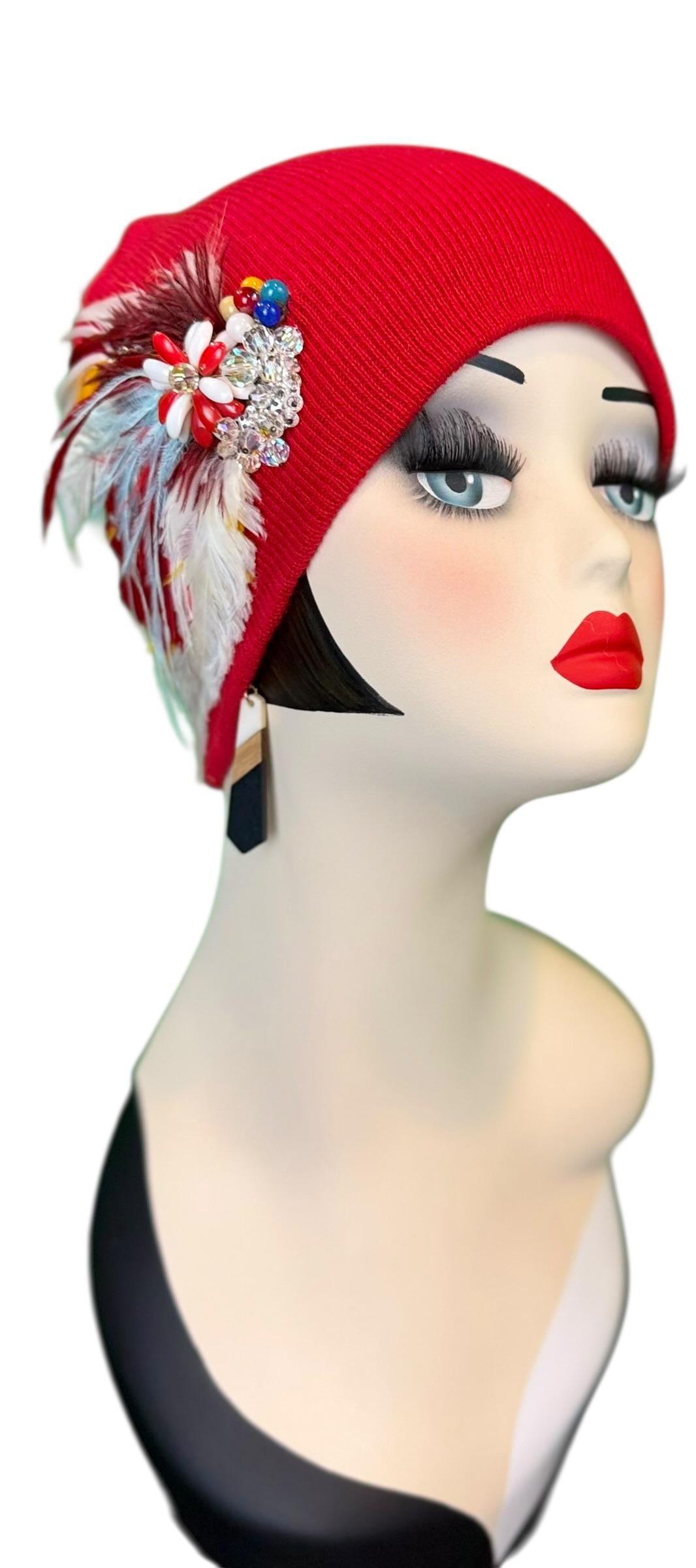 Fiery Red Candy Fancy Feathered & Jeweled Vintage Embellished Flapper Winter Hat