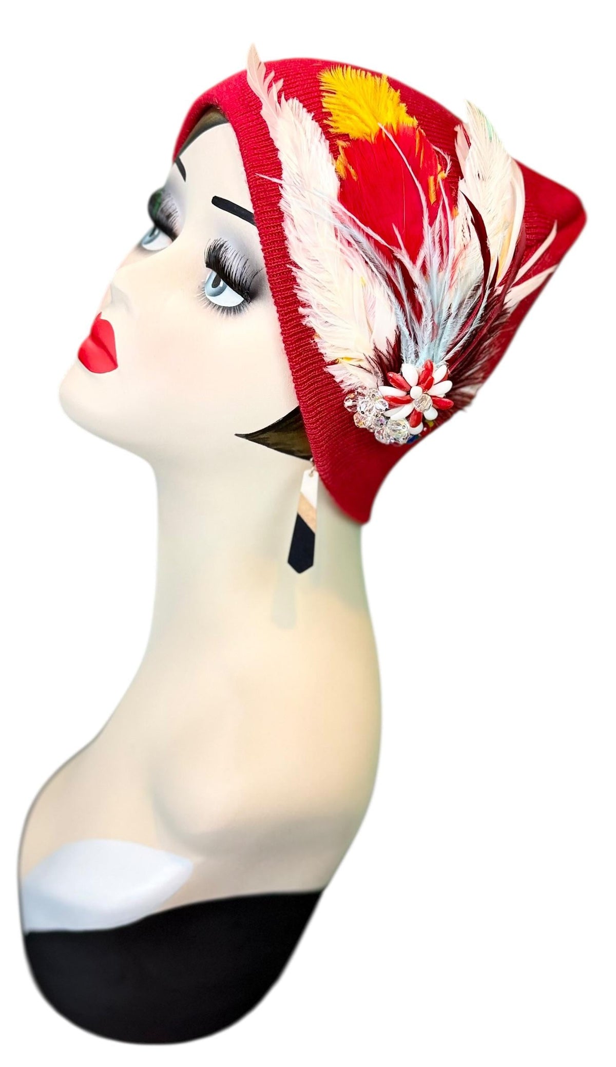 Fiery Red Candy Fancy Feathered & Jeweled Vintage Embellished Flapper Winter Hat