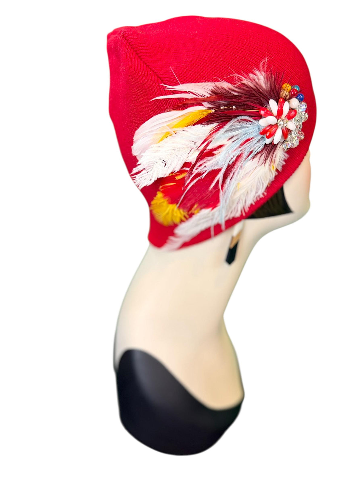 Fiery Red Candy Fancy Feathered & Jeweled Vintage Embellished Flapper Winter Hat