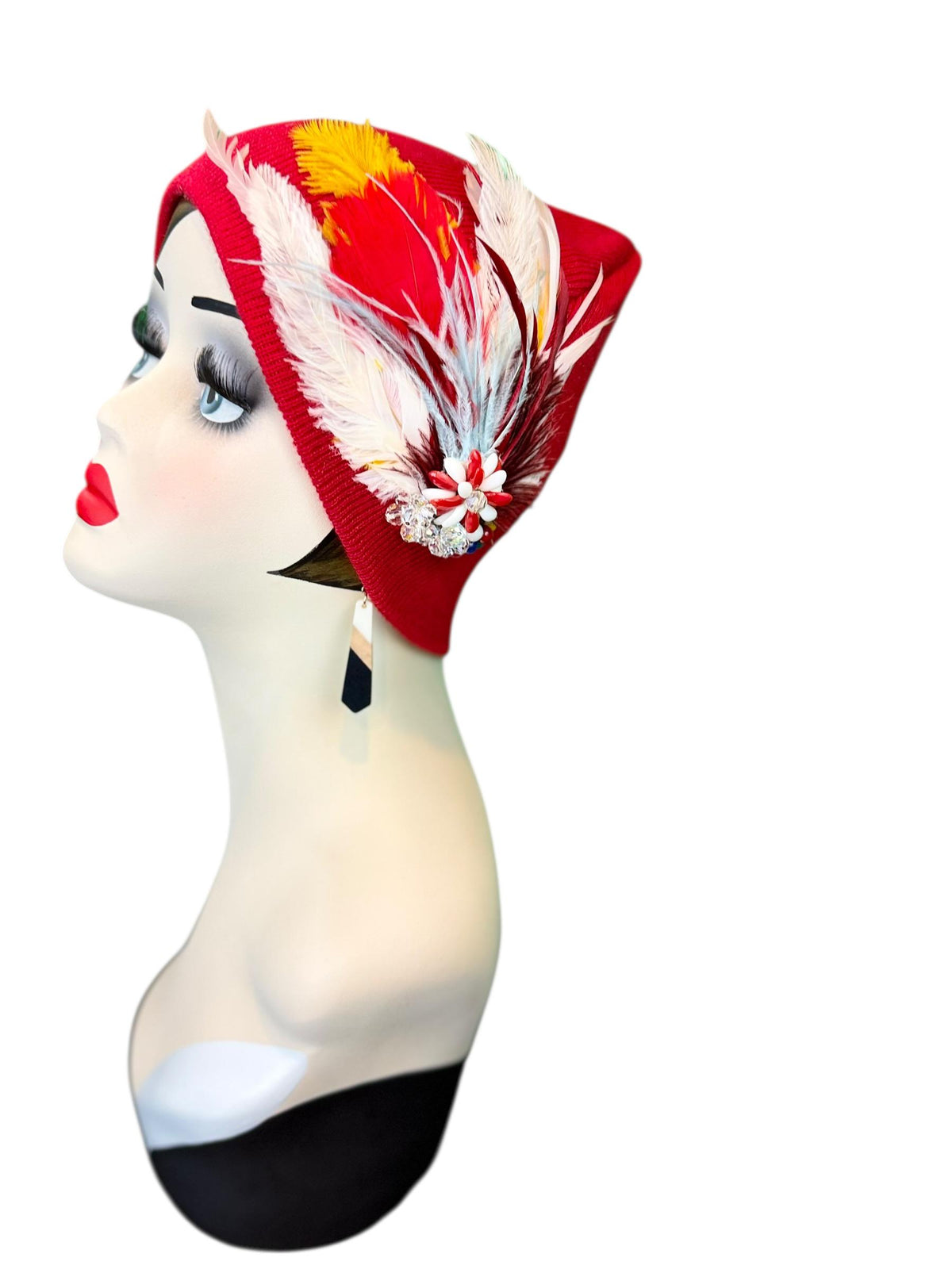 Fiery Red Candy Fancy Feathered & Jeweled Vintage Embellished Flapper Winter Hat
