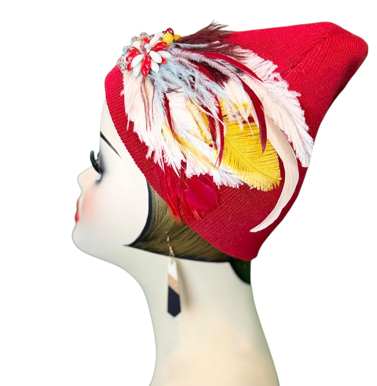 Fiery Red Candy Fancy Feathered & Jeweled Vintage Embellished Flapper Winter Hat