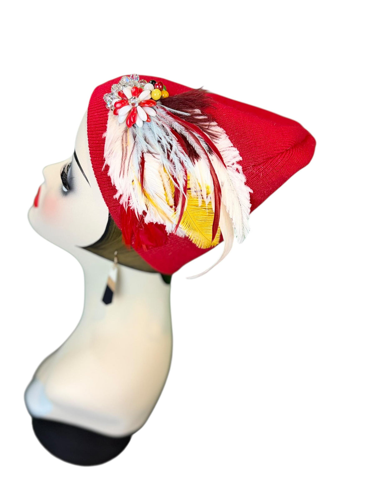 Fiery Red Candy Fancy Feathered & Jeweled Vintage Embellished Flapper Winter Hat