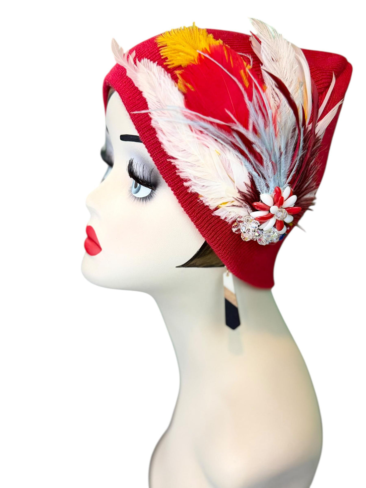 Fiery Red Candy Fancy Feathered & Jeweled Vintage Embellished Flapper Winter Hat
