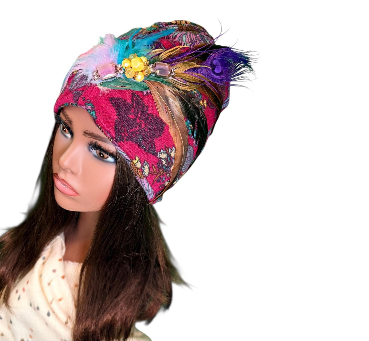 Paradise Island Statement Unique Floral Flapper Jeweled Designer Feathered Winter Knit Hat