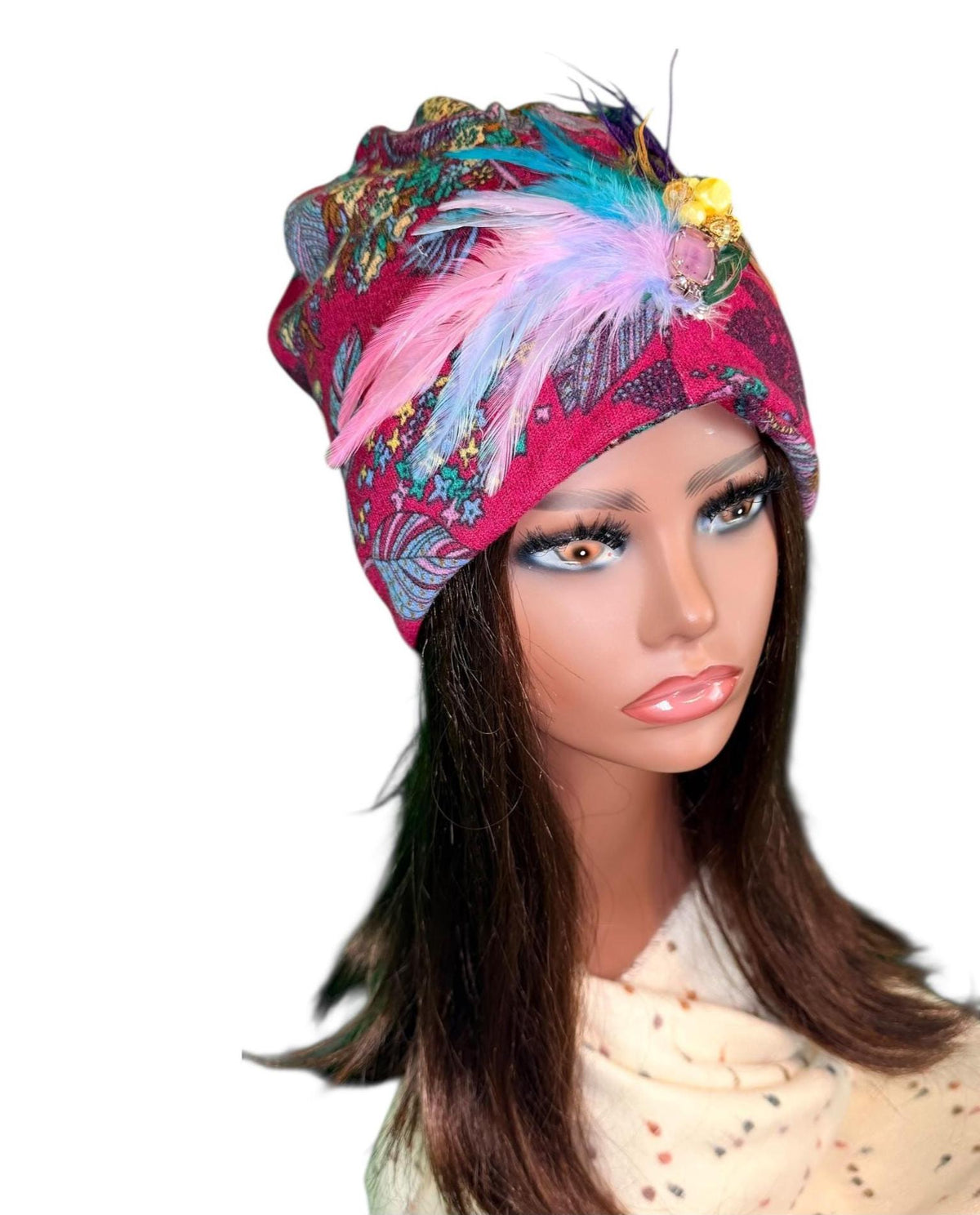 Paradise Island Statement Unique Floral Flapper Jeweled Designer Feathered Winter Knit Hat