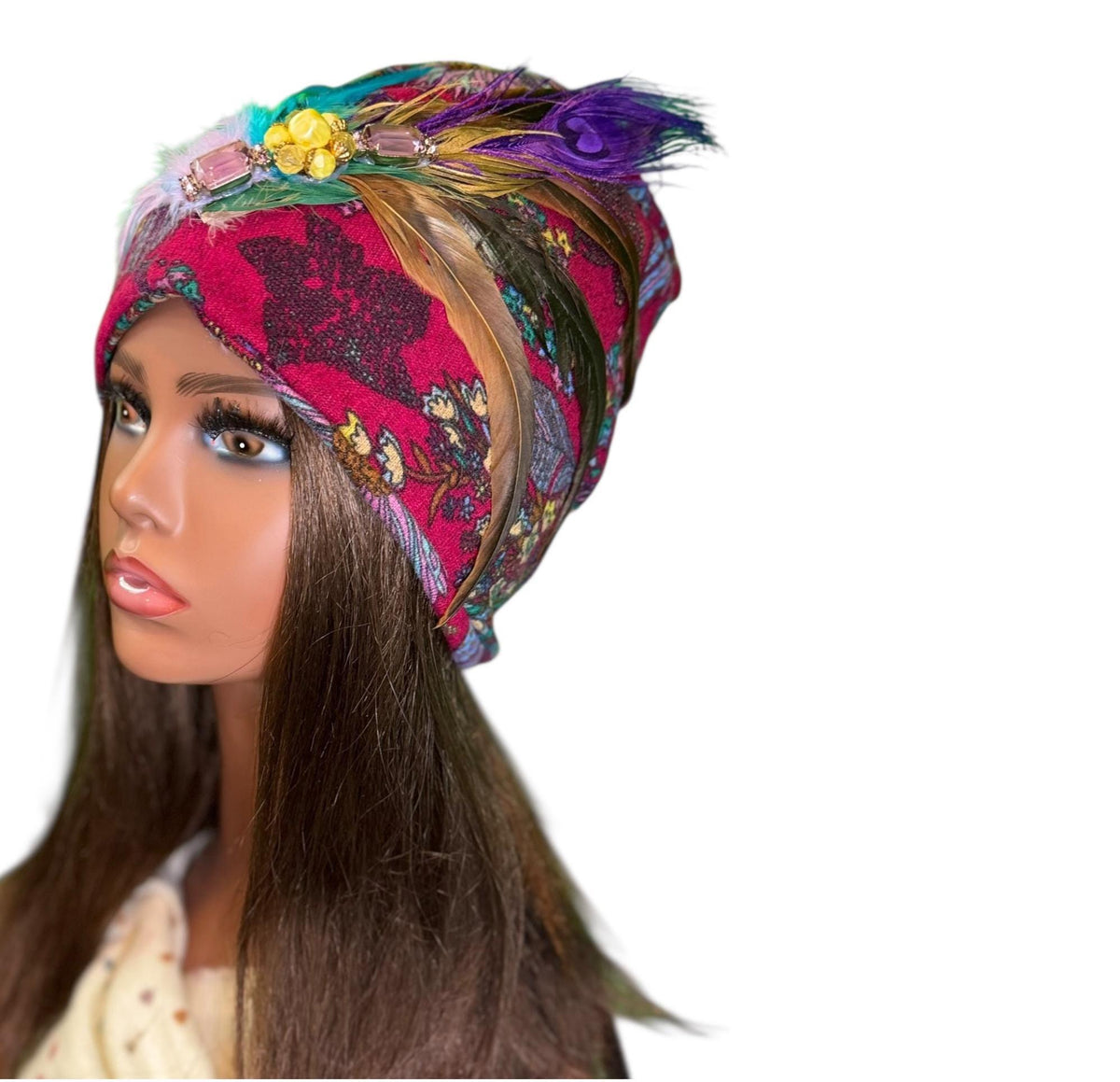 Paradise Island Statement Unique Floral Flapper Jeweled Designer Feathered Winter Knit Hat