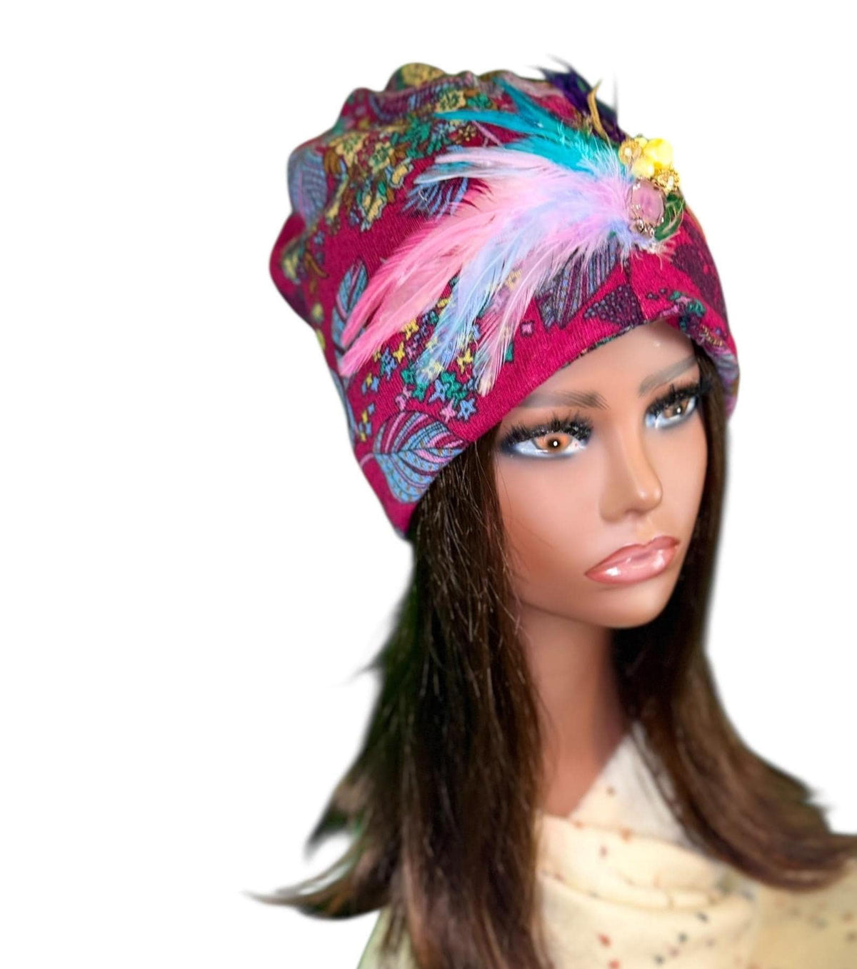 Paradise Island Statement Unique Floral Flapper Jeweled Designer Feathered Winter Knit Hat