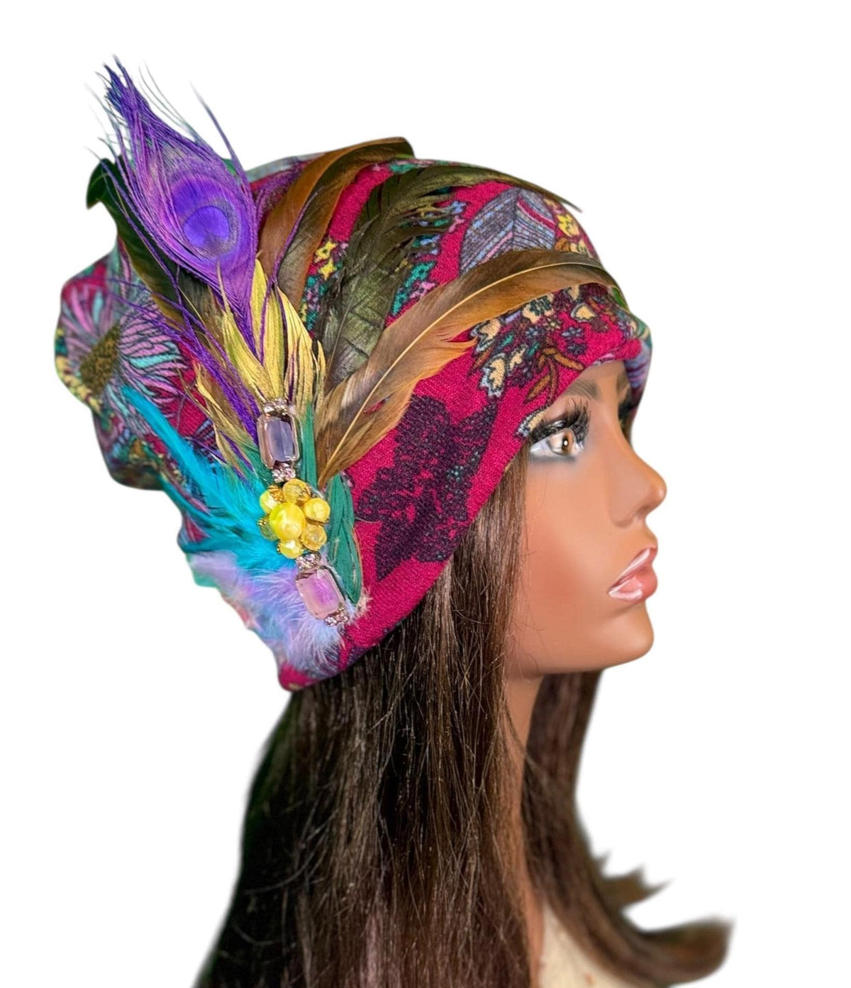 Paradise Island Statement Unique Floral Flapper Jeweled Designer Feathered Winter Knit Hat