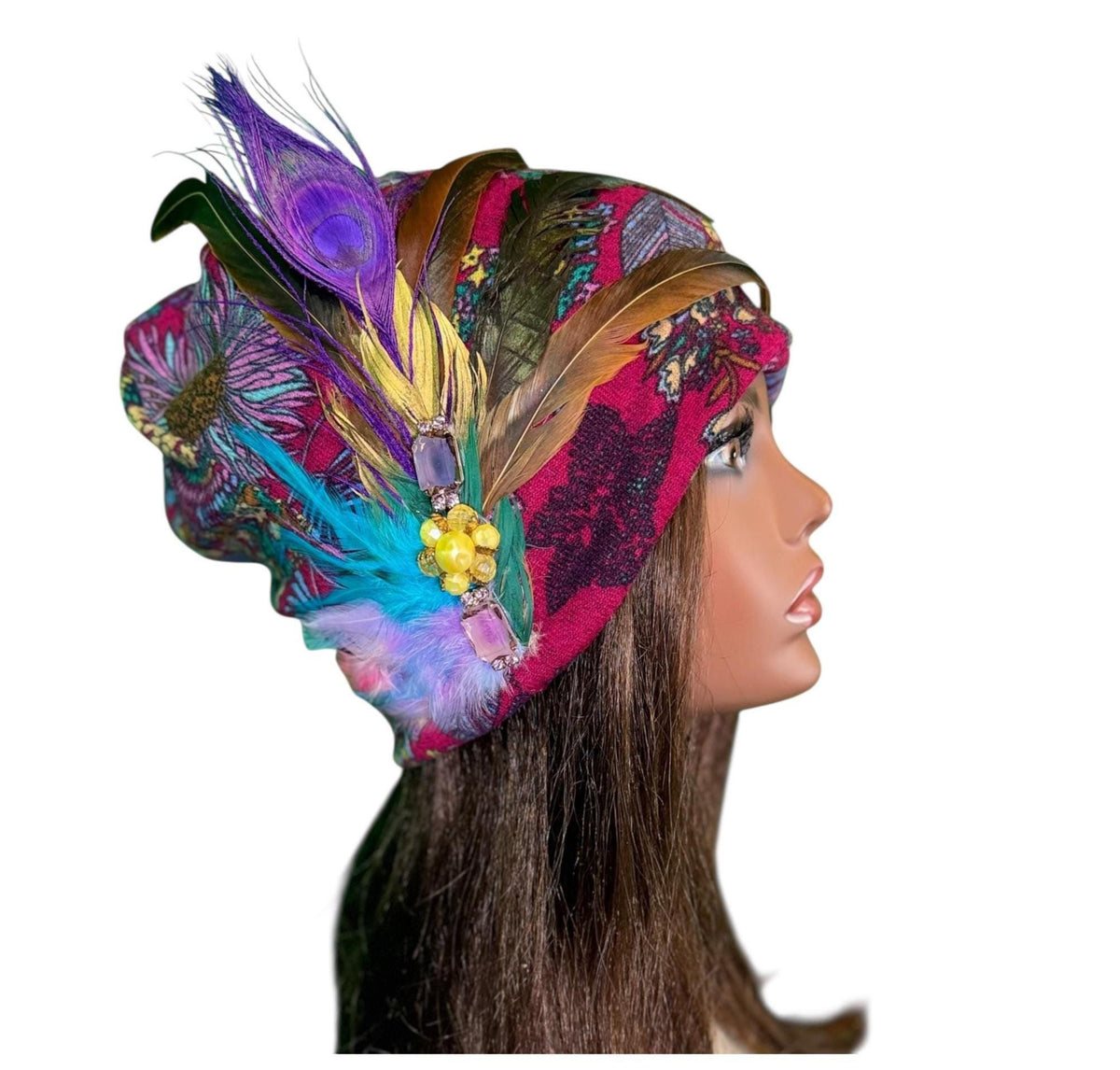 Paradise Island Statement Unique Floral Flapper Jeweled Designer Feathered Winter Knit Hat