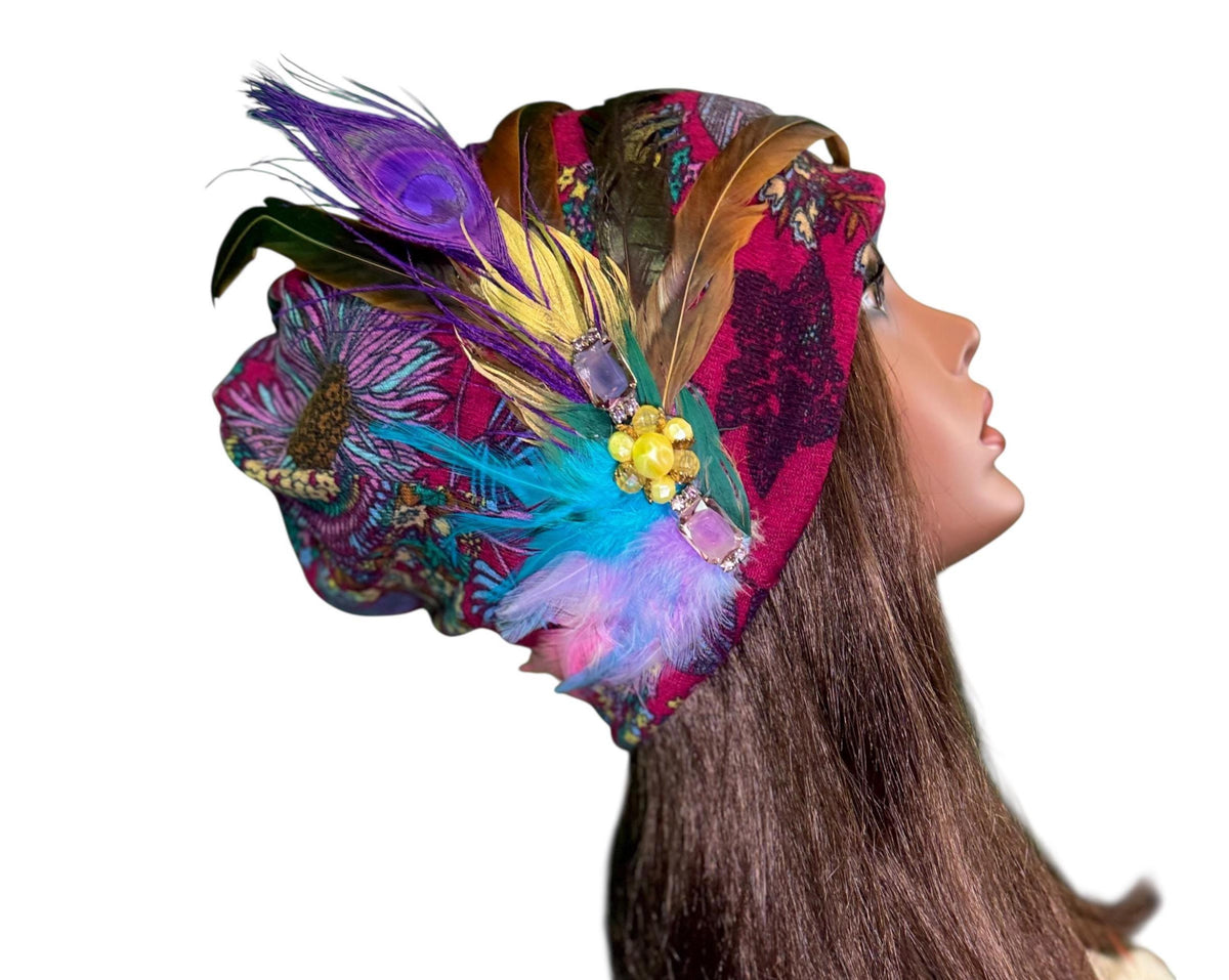 Paradise Island Statement Unique Floral Flapper Jeweled Designer Feathered Winter Knit Hat