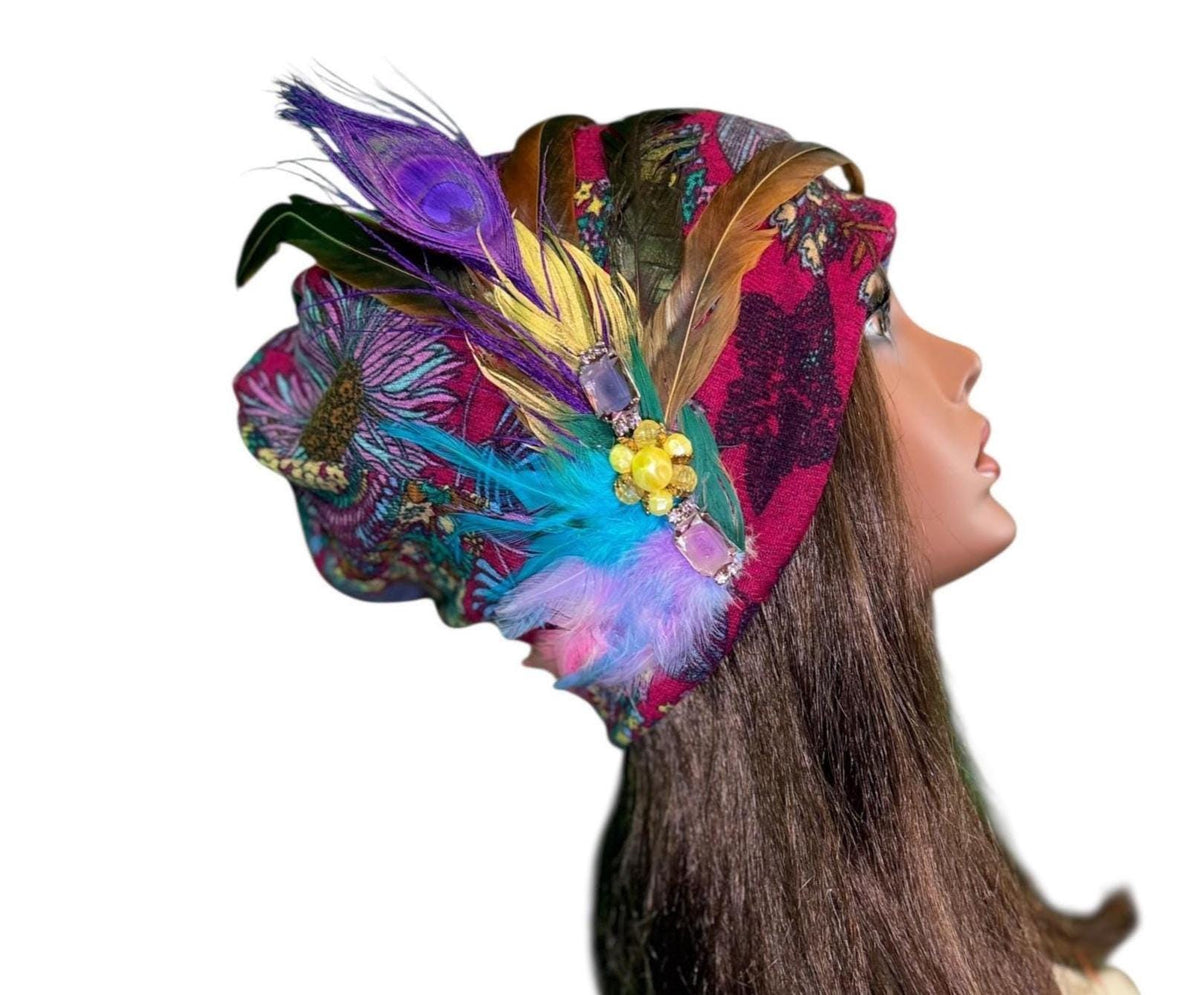 Paradise Island Statement Unique Floral Flapper Jeweled Designer Feathered Winter Knit Hat