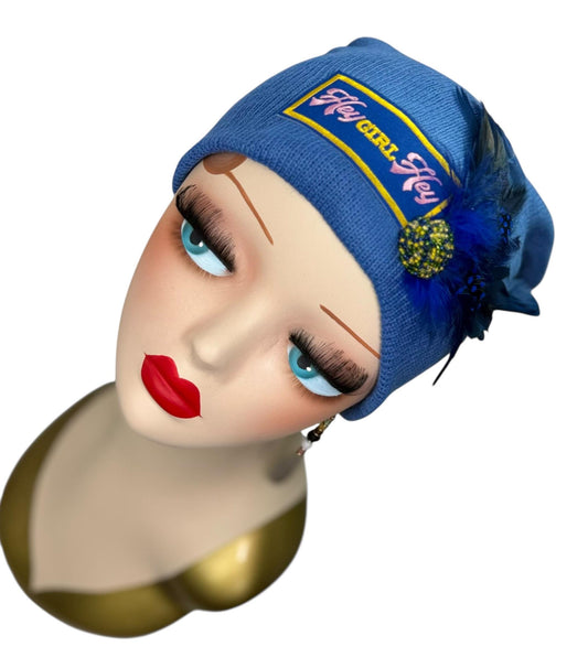 HEY Girl, HEY Blue Patchwork Vintage Jeweled & Feather Embellished Designer Beanie