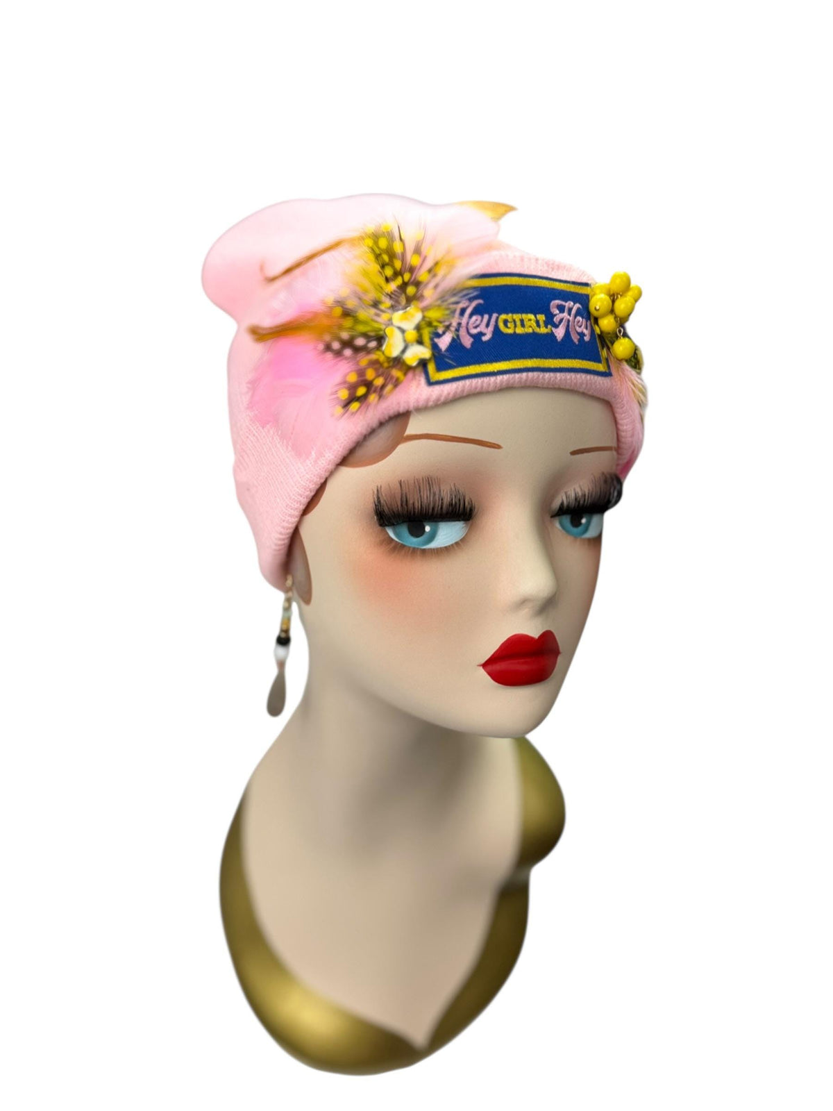 HEY Girl, HEY, Baby Pink Patchwork Vintage Jeweled & Feather Embellished Designer Beanie
