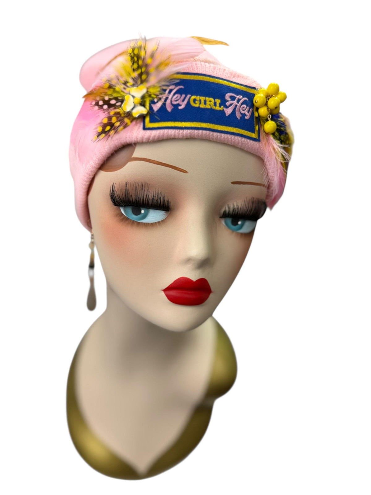 HEY Girl, HEY, Baby Pink Patchwork Vintage Jeweled & Feather Embellished Designer Beanie