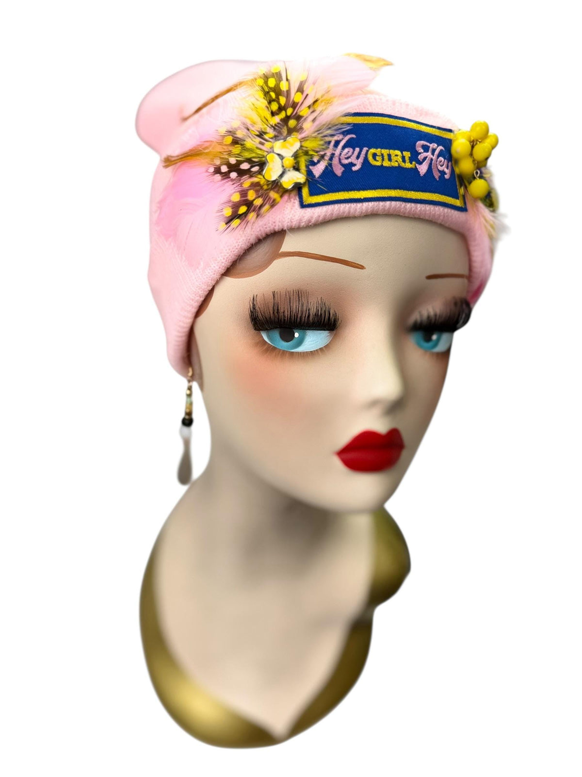 HEY Girl, HEY, Baby Pink Patchwork Vintage Jeweled & Feather Embellished Designer Beanie