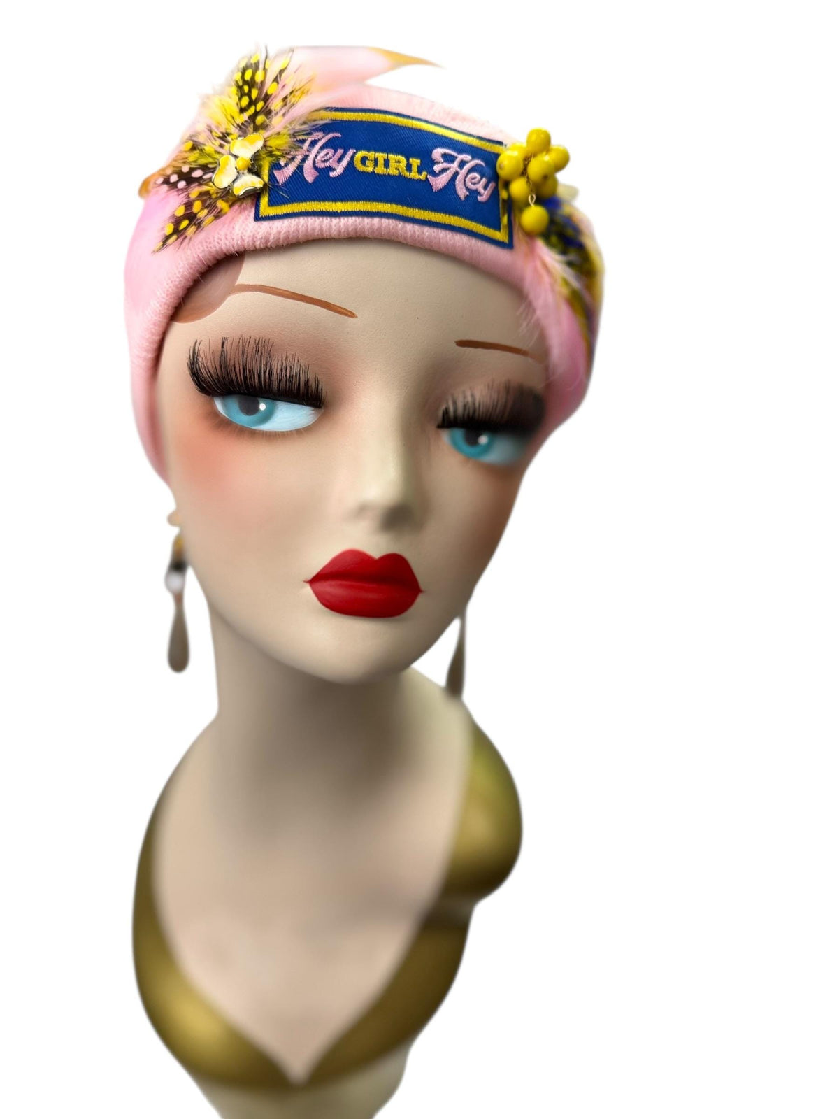 HEY Girl, HEY, Baby Pink Patchwork Vintage Jeweled & Feather Embellished Designer Beanie