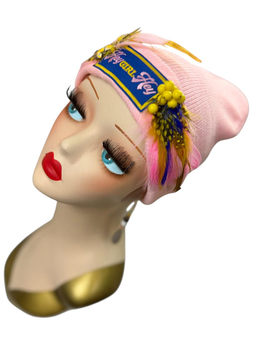 HEY Girl, HEY, Baby Pink Patchwork Vintage Jeweled & Feather Embellished Designer Beanie