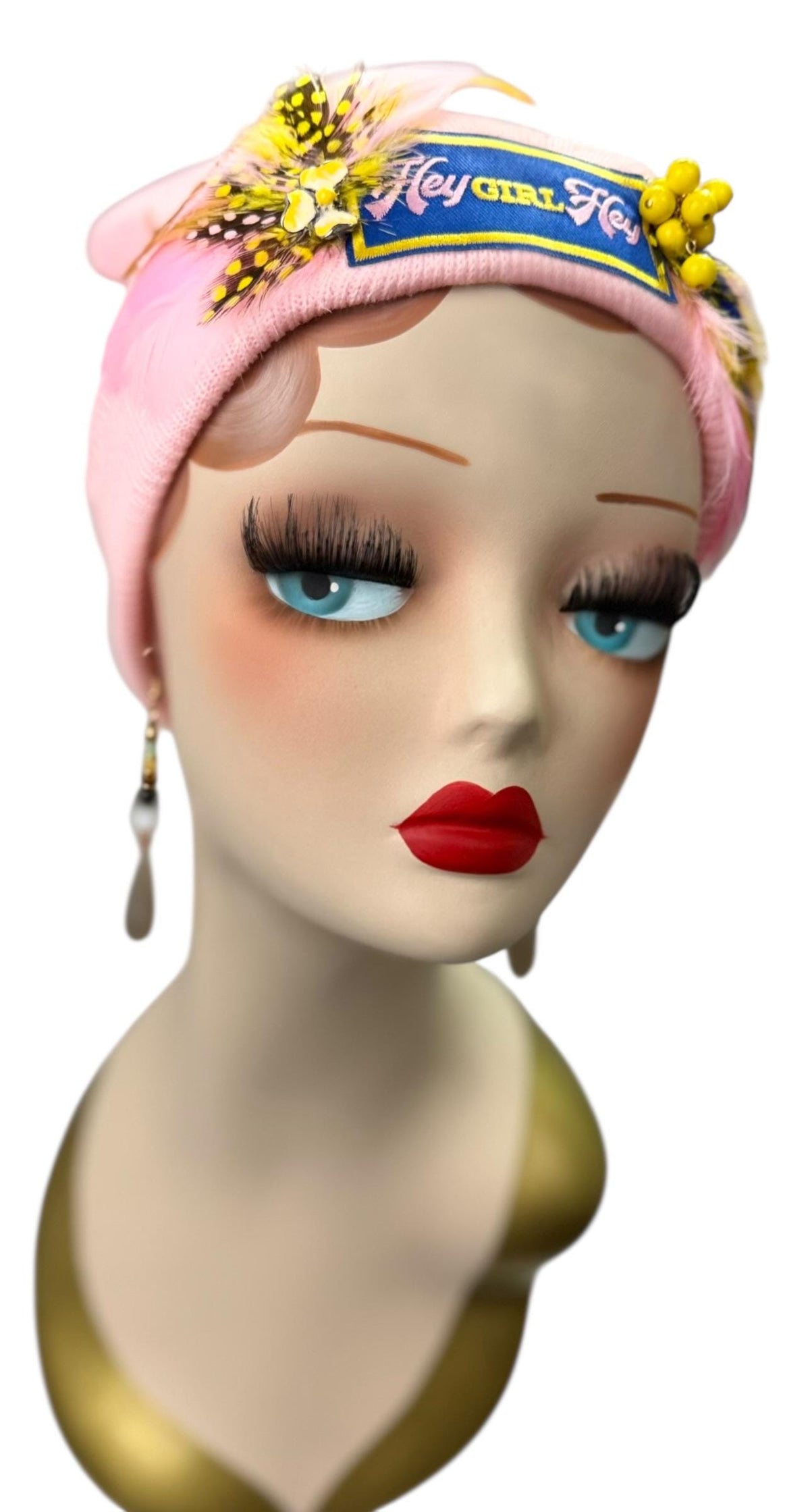 HEY Girl, HEY, Baby Pink Patchwork Vintage Jeweled & Feather Embellished Designer Beanie