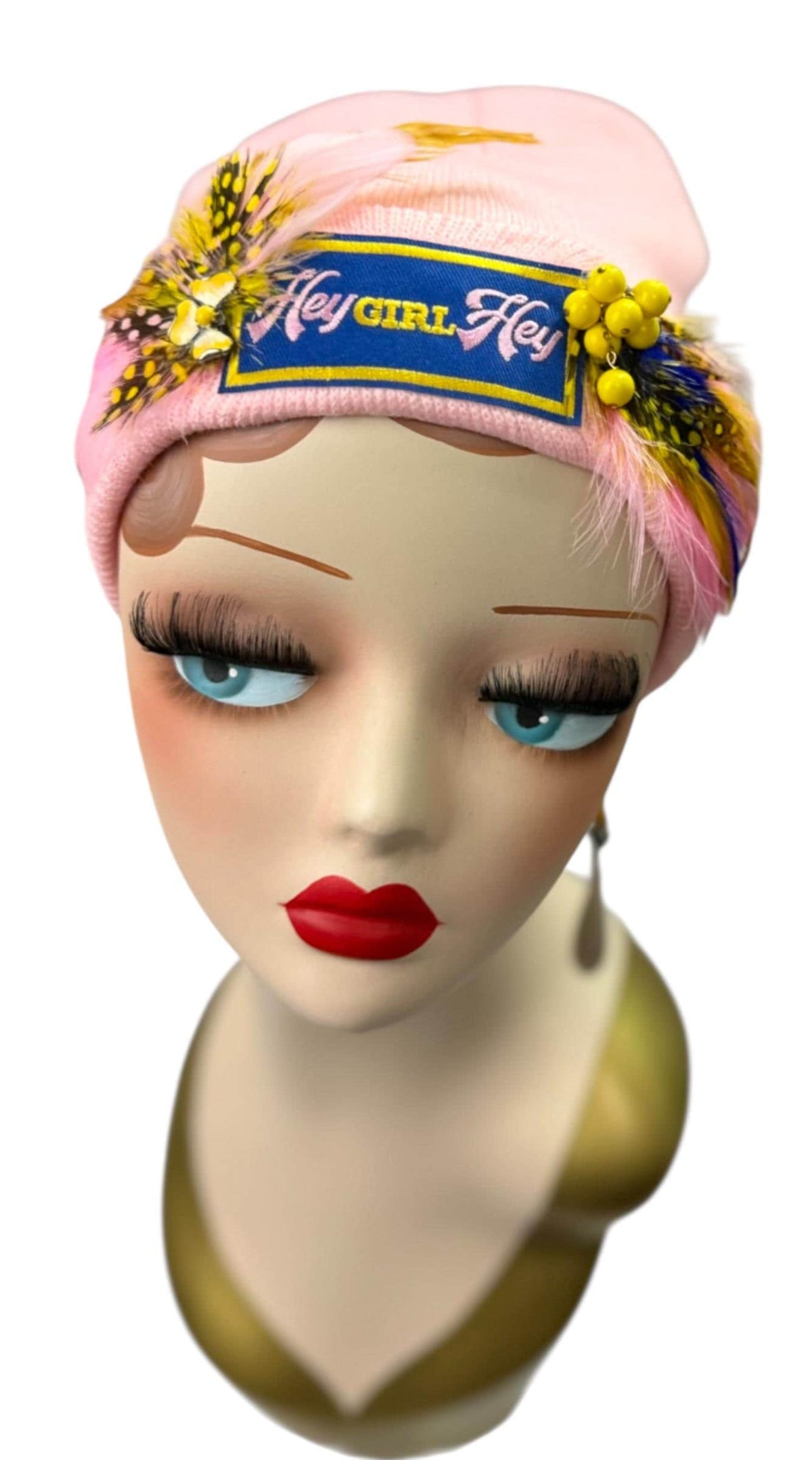 HEY Girl, HEY, Baby Pink Patchwork Vintage Jeweled & Feather Embellished Designer Beanie