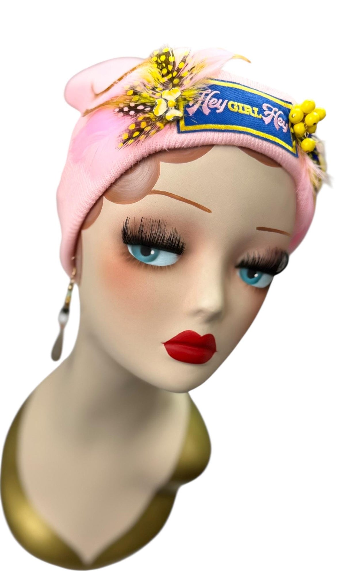 HEY Girl, HEY, Baby Pink Patchwork Vintage Jeweled & Feather Embellished Designer Beanie